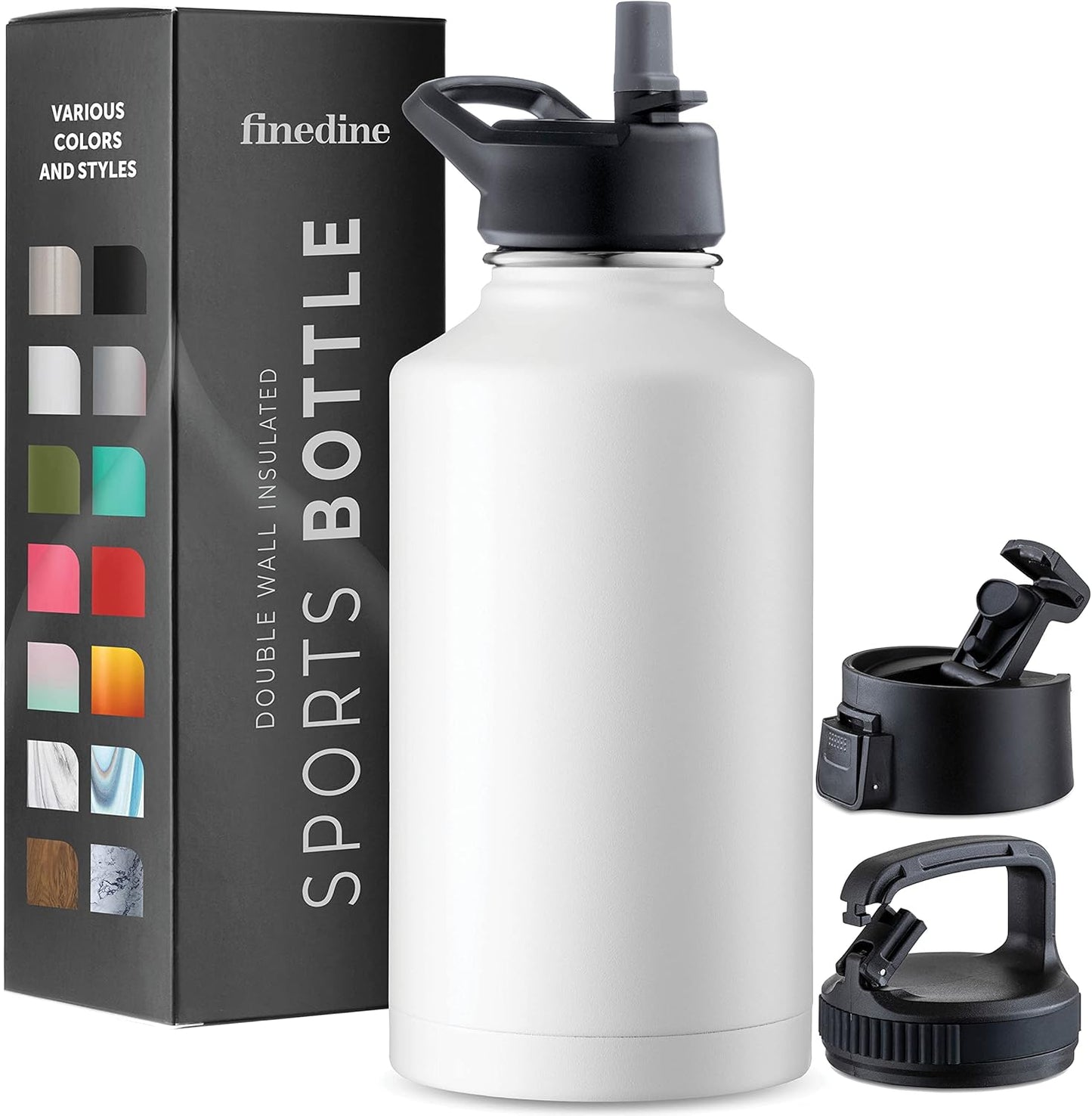 FineDine Water Bottle - Stainless Steel Insulated Water Bottle with Straw Lid, Flip Lid & Wide-Mouth Cap - Keeps Hot and Cold - 25 Oz / 739ml - Pure Pearly White