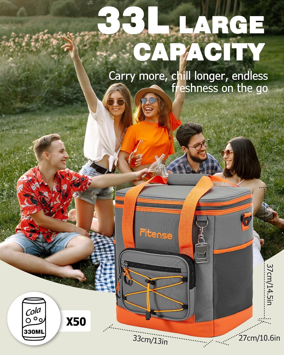 Fitense Soft Cooler Bag Insulated 50 Cans/33L, 27 Cans/20L Camping Cooler 4-Layer Leakproof, Collapsible Portable Lunch Cooler for Beach, Travel, Picnic, Grocery, Kayaking