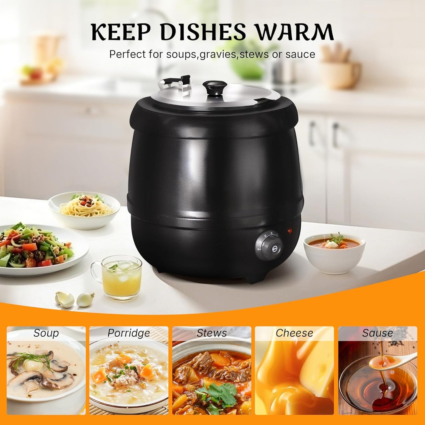 CLIVIA Soup Warmer, 11 Qt Soup Kettle Warmer Electric Commercial Food Kettle Warmer Coountertop with Hinged Lid & Detachable Stainless Steel Insert Pot for Restaurant/Buffet/Hotel/Family, Black