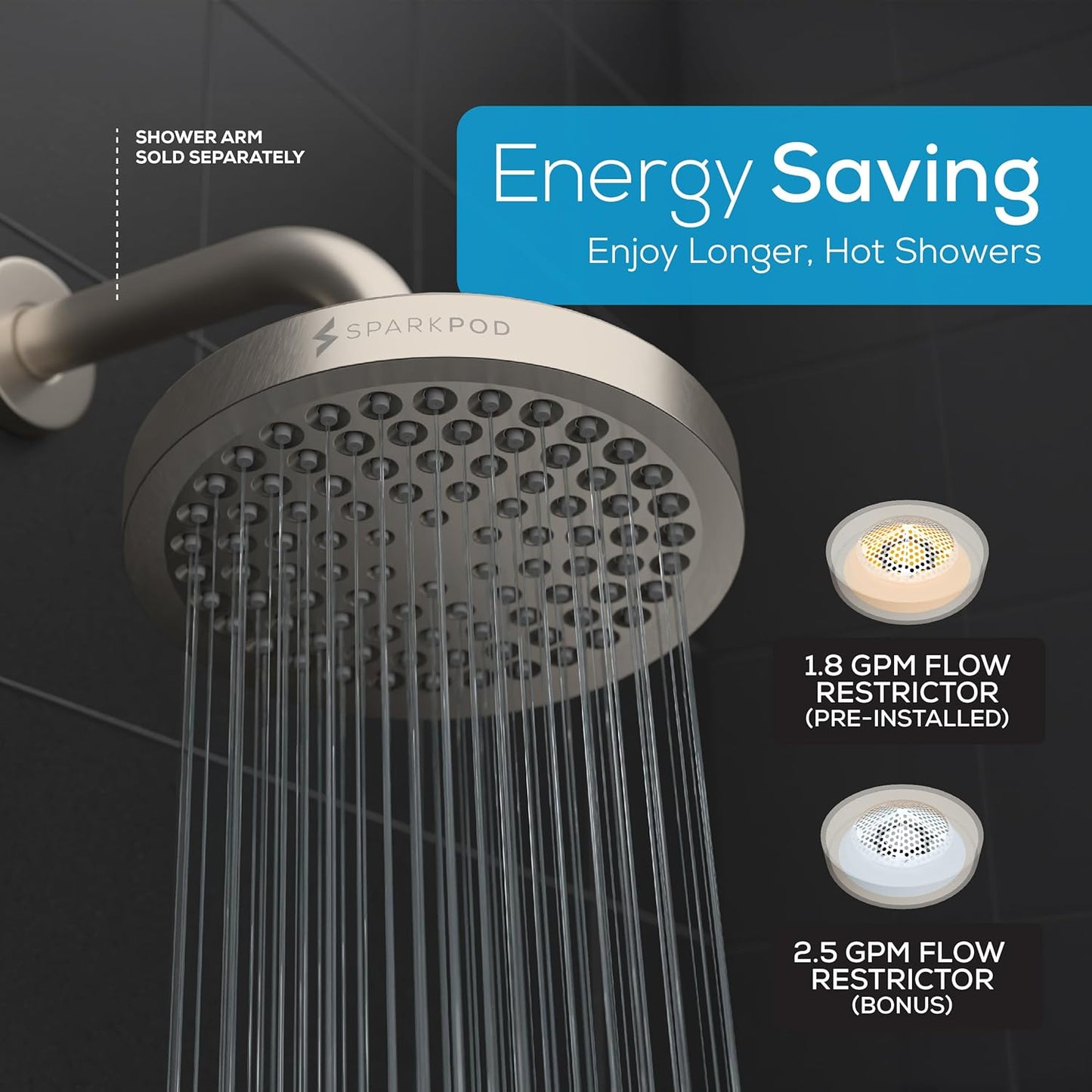 SparkPod Shower Head - High Pressure Rain - Premium Quality Luxury Design - 1-Min Install - Easy Clean Adjustable Replacement for Your Bathroom Shower Heads (Luxury Polished Chrome, 6 Inch Round)