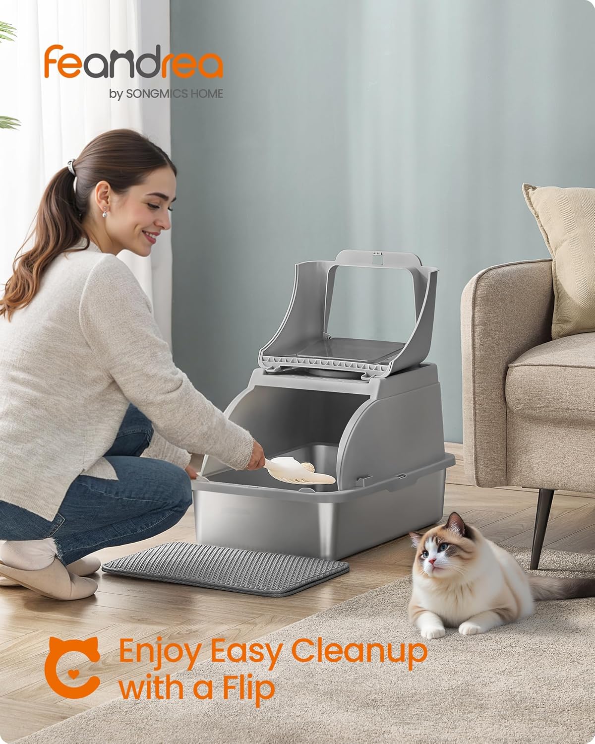 Feandrea Stainless Steel Cat Litter Box with Flip Lid, XL Enclosed Litter Box for Cats up to 15 kg, with Leak-Proof Design, Scoop, Brush, Dual Entry, Cappuccino Beige UPPT005K01
