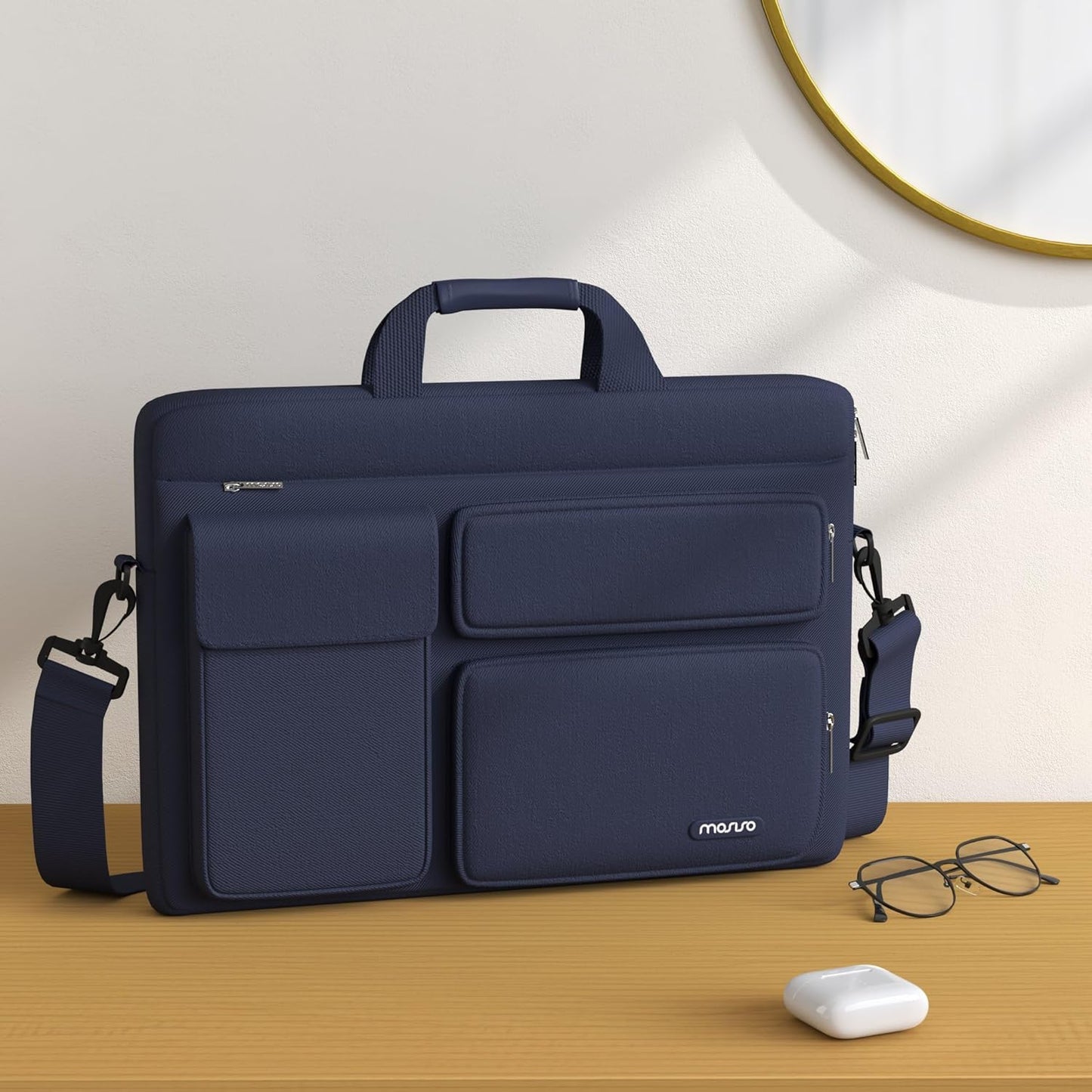 MOSISO Laptop Bag 13.3 inch, 13-13.3 inch Computer Shoulder Bag Compatible with MacBook Air/Pro 13/Pro 14, HP Dell ASUS Notebook &2 Raised&1 Flapover&1 Horizontal Pocket&Handle&Belt, Black