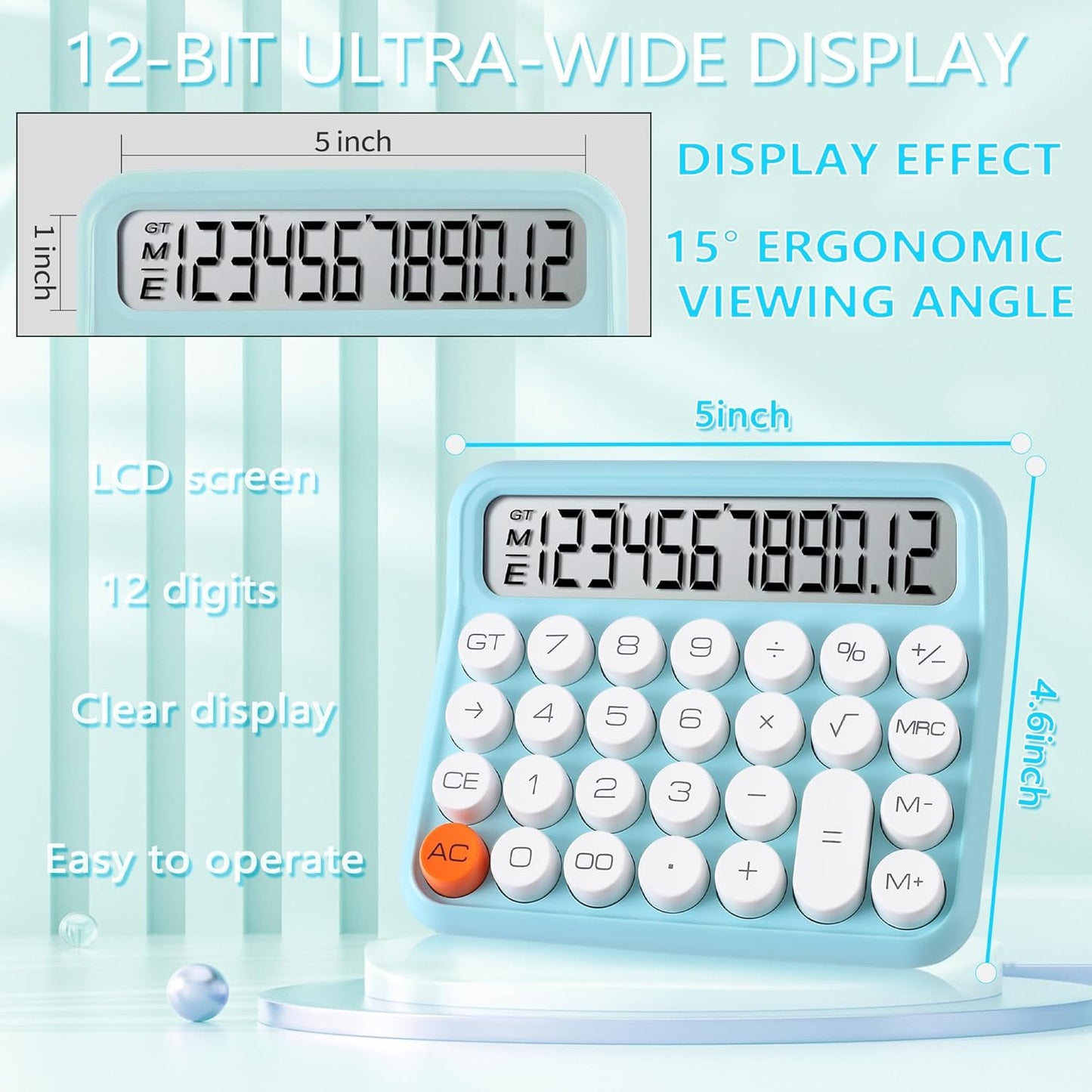 VEWINGL Mechanical Switch Calculator, 12 Digit Large LCD Display and Buttons, Great for Everyday Life and Basic Office Work, with Battery