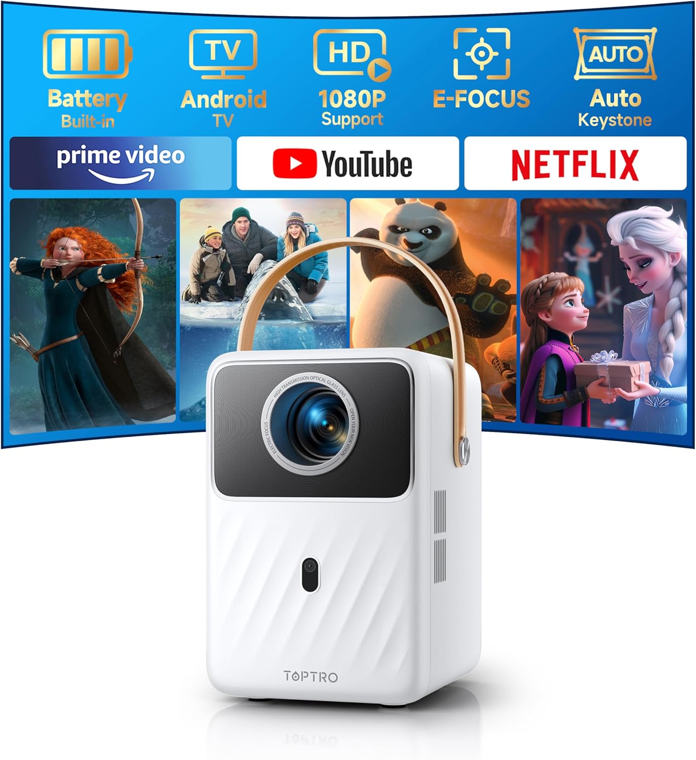 【Built-in Battery & Andriod TV】 Mini Projector with 5G WiFi and Bluetooth, Portable Projecteur 1080P, TOPTRO Outdoor Movie Projector Auto Keystone, Smart Projector for Phone/TV Stick/HDMI/PS5