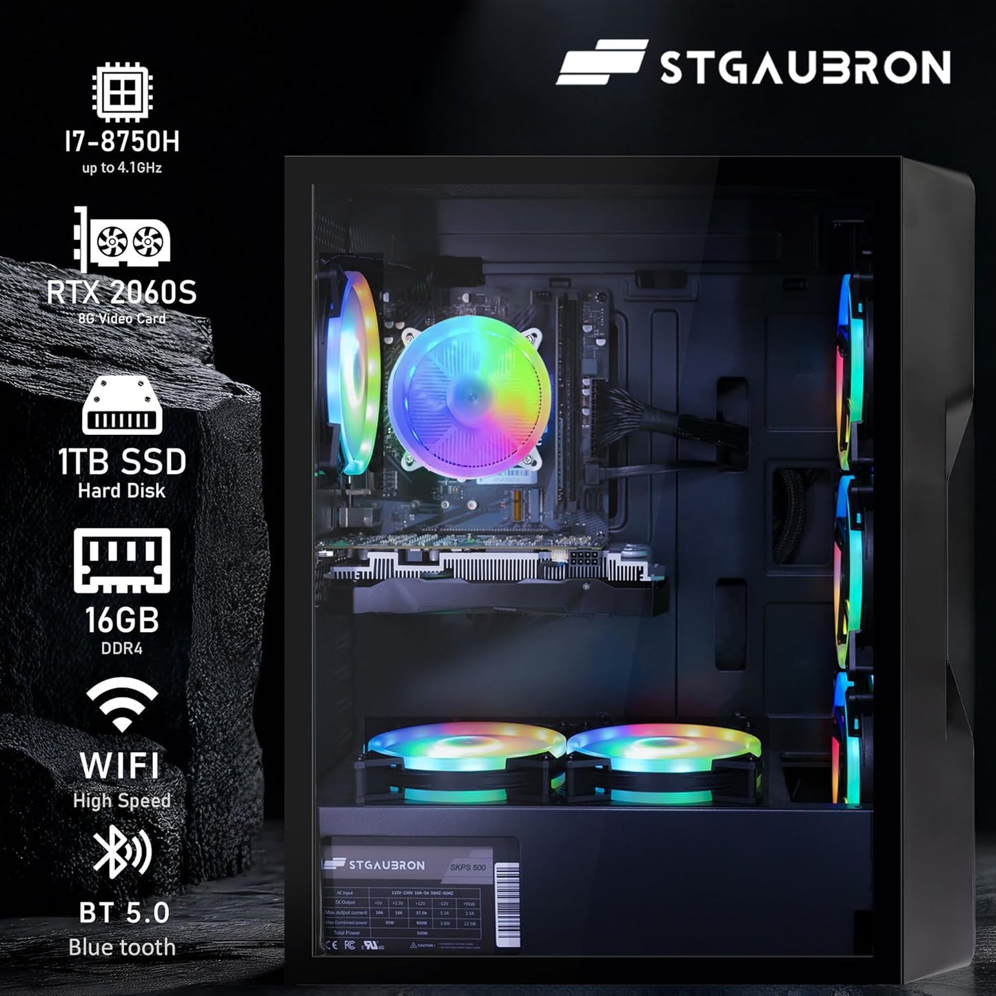 STGAubron Gaming PC Computer Desktop, GeForce RTX 2060 Super, Intel Core i7 8th up to 4.1GHz, 16G DDR4, 1T SSD, 600M WiFi, BT 5.0, RGB Fan x6, Windows 11 Home