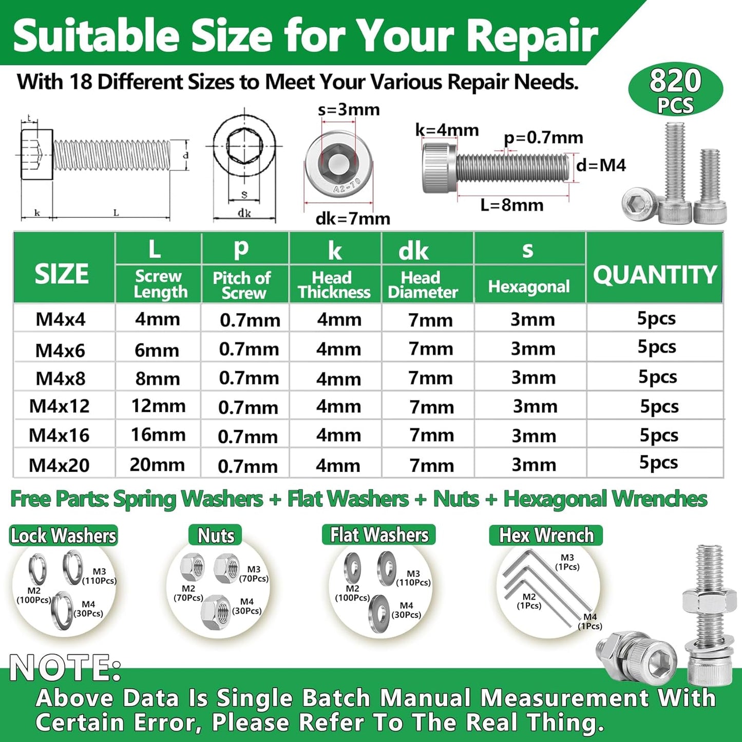 860PCS Metric Screw Assortment Kit, M2 M3 M4 M5 Machine Screws with Lock & Flat Washers, 10.9 Grade Alloy Steel, Metric Hex Button Head Cap Nuts and Bolts Assortment Kit with 4 Wrenches