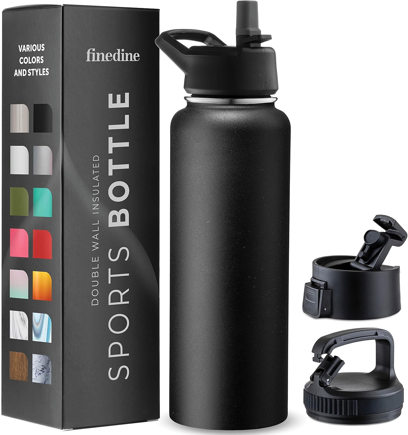 FineDine Water Bottle - Stainless Steel Insulated Water Bottle with Straw Lid, Flip Lid & Wide-Mouth Cap - Keeps Hot and Cold - 25 Oz / 739ml - Pure Pearly White