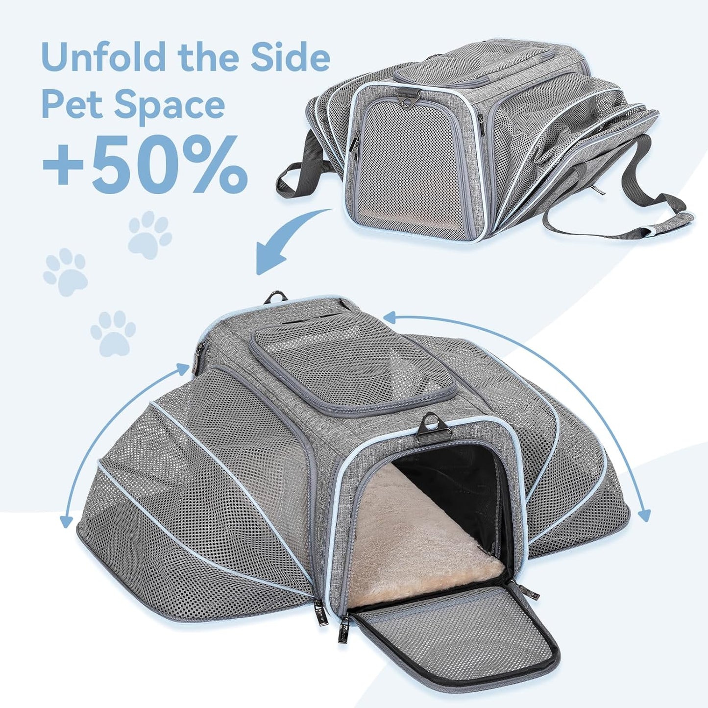 Petsfit Expandable Cat Dog Carrier Airline Approved, 17" L x 11" W x 11" H Soft-Sided Portable Pet Travel Carrier for Kitten, Puppy, Removable Soft Plush Mat and Pockets, Auto-Locking Zippers