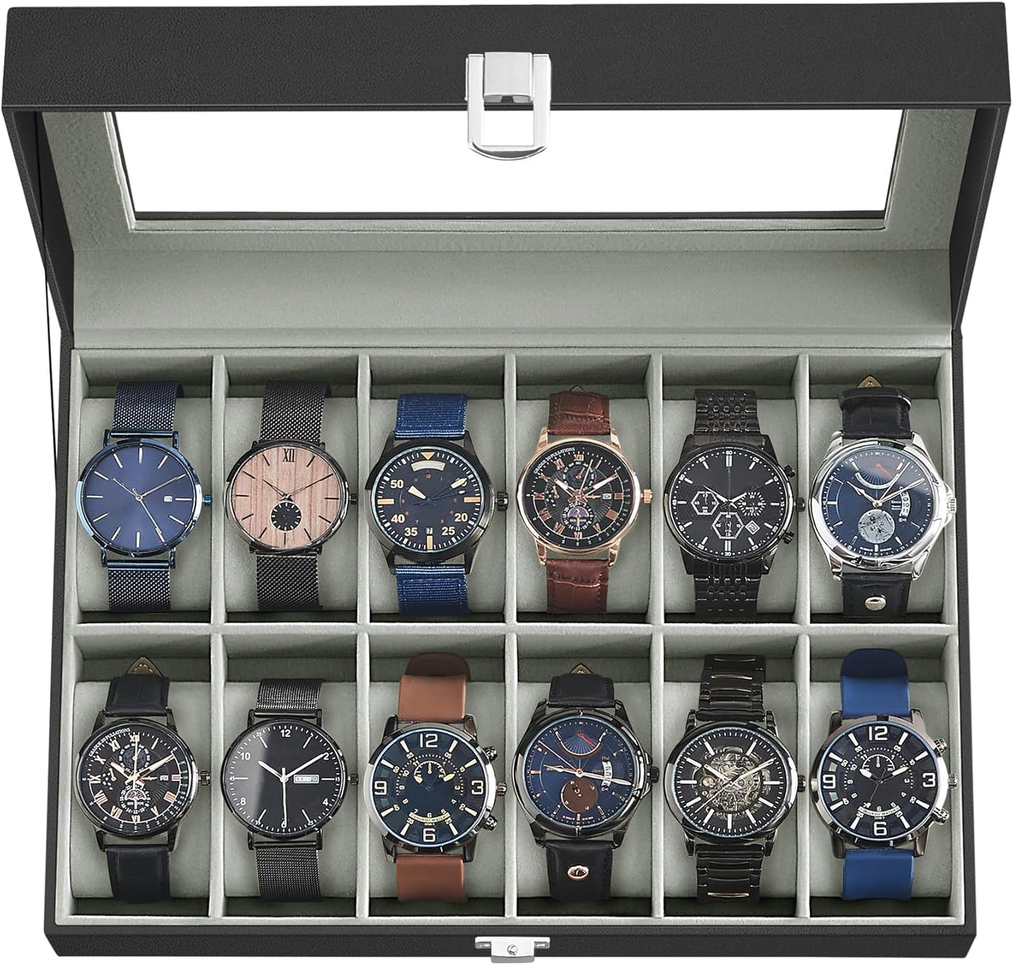 SONGMICS Watch Box, 6-Slot Watch Case, Watch Box Organizer, Black Synthetic Leather, Greenish Gray Lining UJWB06BK