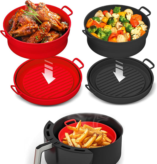 Collapsible Silicone Air Fryer Basket Liners Pot - AirFryer Liners Reusable Bowls for 5 Quart or Bigger - Air Fryer Accessories 2 Pack - Round Silicone Liners (Red & Black)