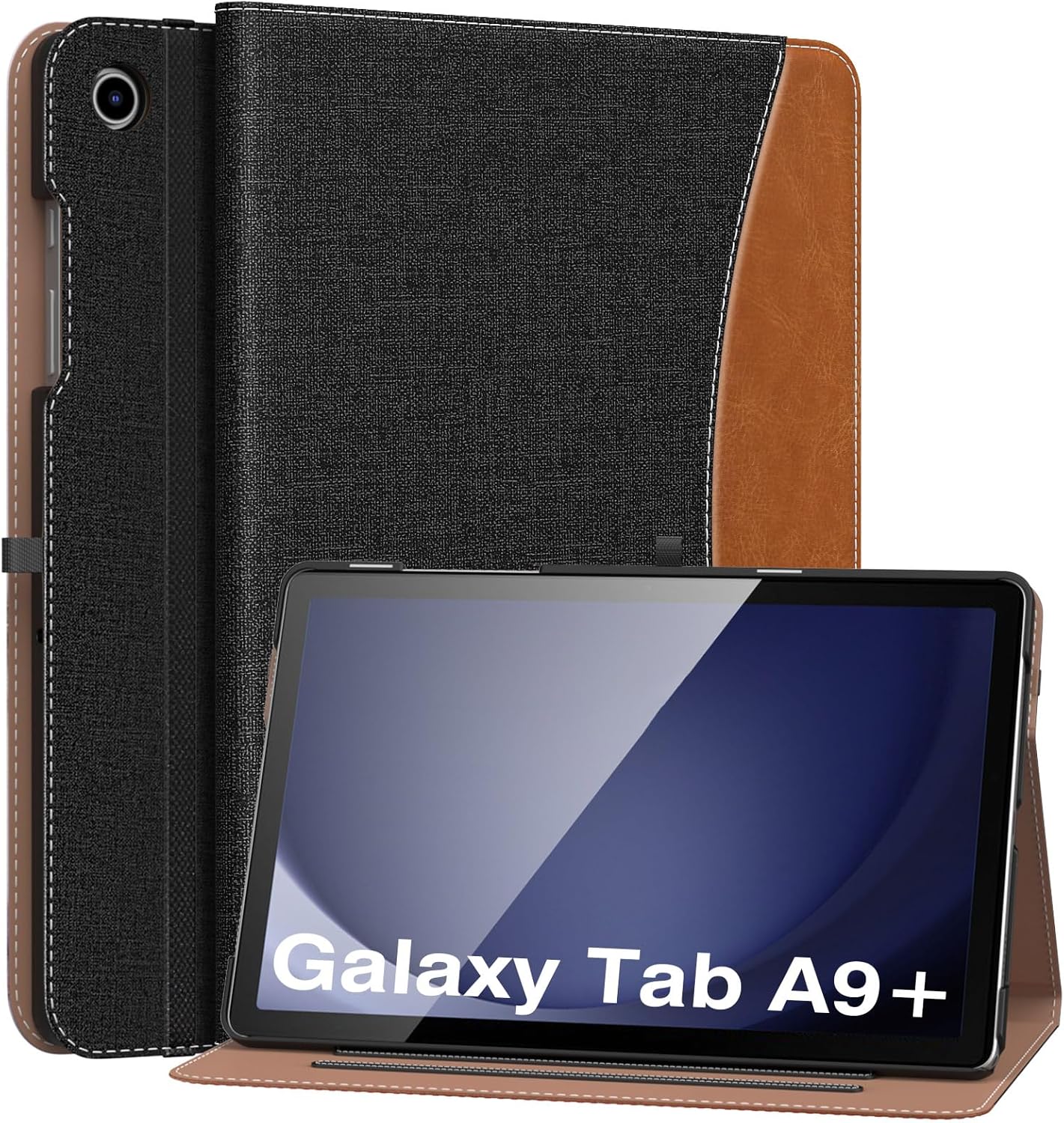 MoKo Case for Samsung Galaxy Tab A9 Plus 11" 2023 (SM-X210/SM-X216/SM-X218), PU Leather Multi-Angle Viewing Folding Stand Cover Case with Hand Strap, Front Pocket, Auto Wake/Sleep, Denim Blue & Brown