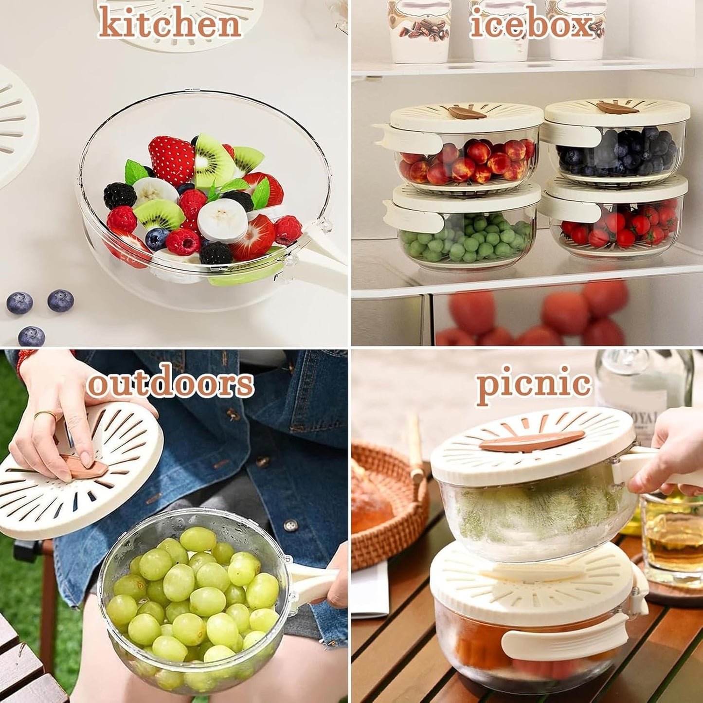 Fruit Vegetable Draining Bowl, Kitchen Strainer with Foldable Handle, Lid, Drain Tray, Rotating Fruit and Vegetable Washing Colander for Salad Mixing, Fruit Washing (White)