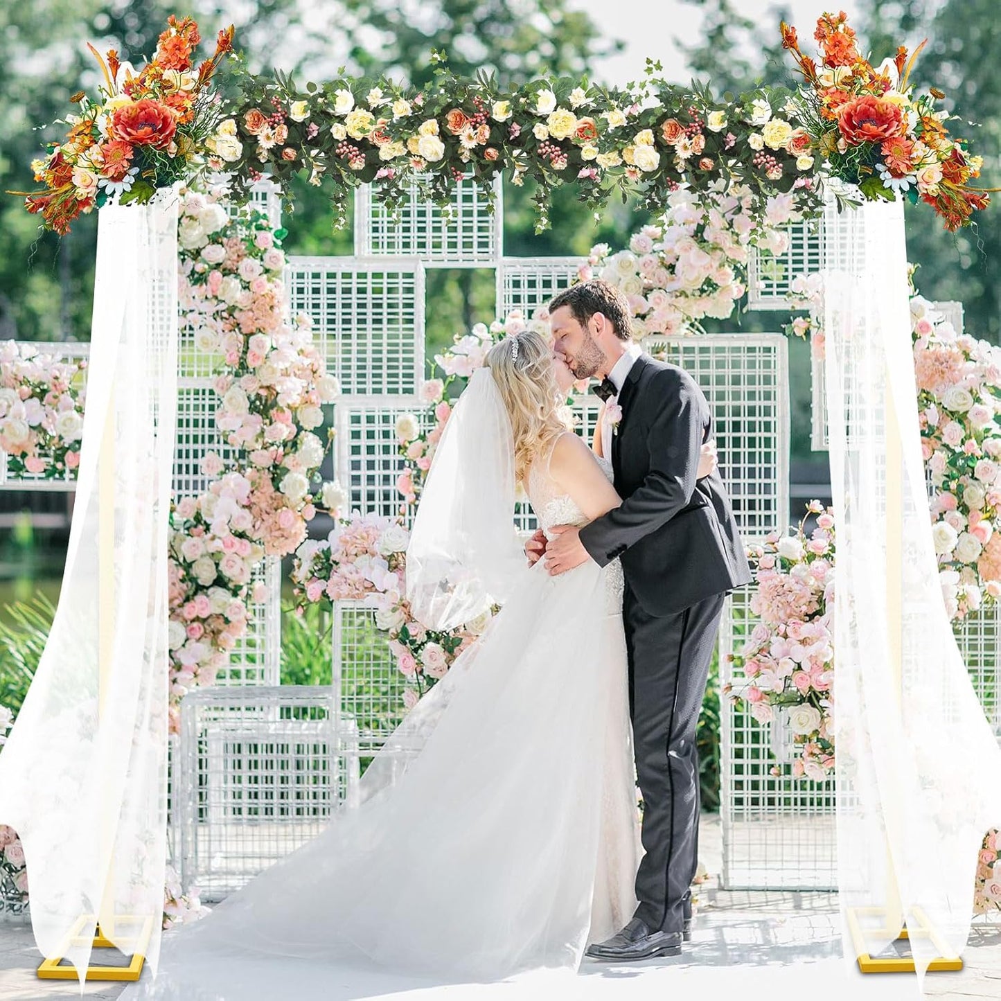 8FT x 8FT Heavy Duty Adjustable Arch Backdrop Stand, Gold Square Back Drop Metal Balloon Arch Stand Kit Frame for Party Wedding Birthday Photobooth Decorations