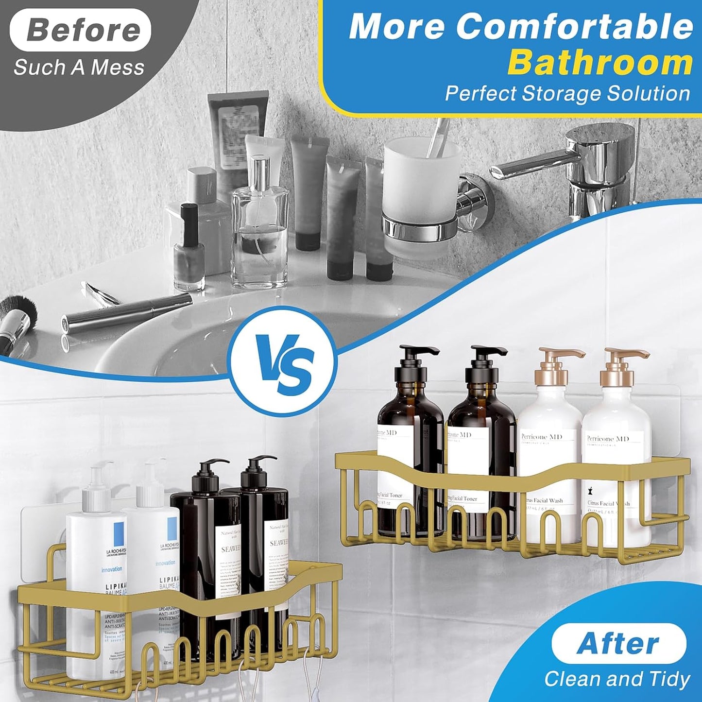 EUDELE 5-Pack Rustproof Stainless Steel Shower Caddy – No Drill Adhesive Bathroom Organizer with Large Capacity, Spacious Shower Shelves for Inside Shower, Kitchen & Home Decor Storage - PuriLite