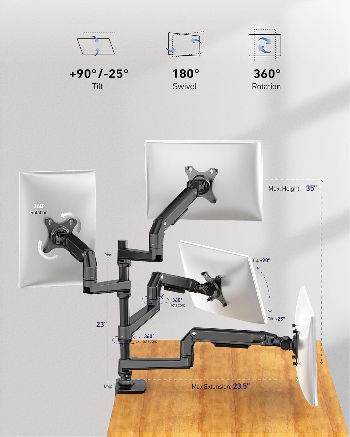 ErgoUnion Dual Monitor Stand for Desk, Vertical Dual Monitor Mount with Wide Range of Motion, Dual Monitor Arm for 17-40" Screen up to 25 lbs Each, Computer Monitor Stand for 2 Monitors - Black