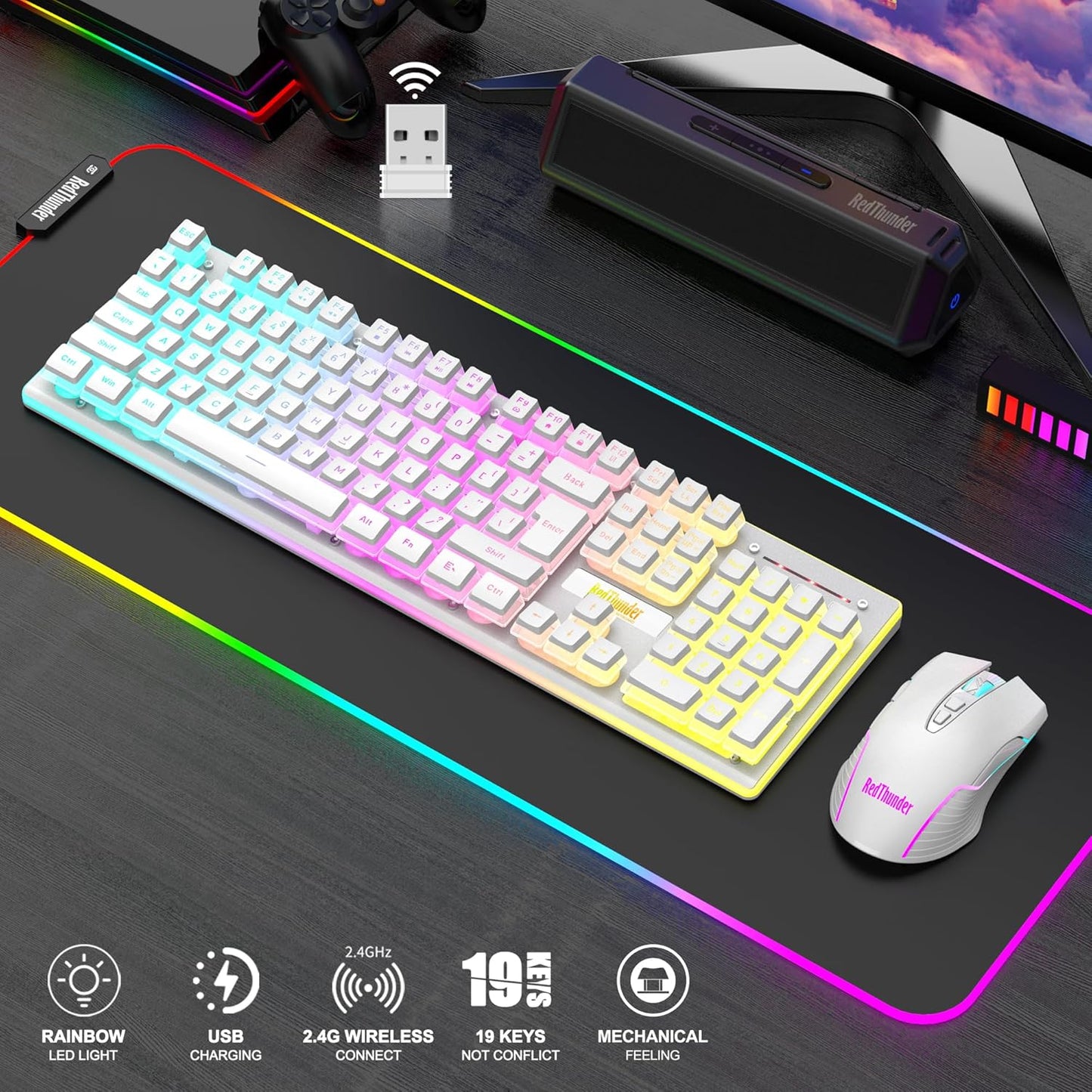 RedThunder K10 Wireless Gaming Keyboard and Mouse Combo, LED Backlit Rechargeable 3800mAh Battery, Mechanical Feel Anti-ghosting Keyboard + 7D 3200DPI Mice for PC Gamer (Black)