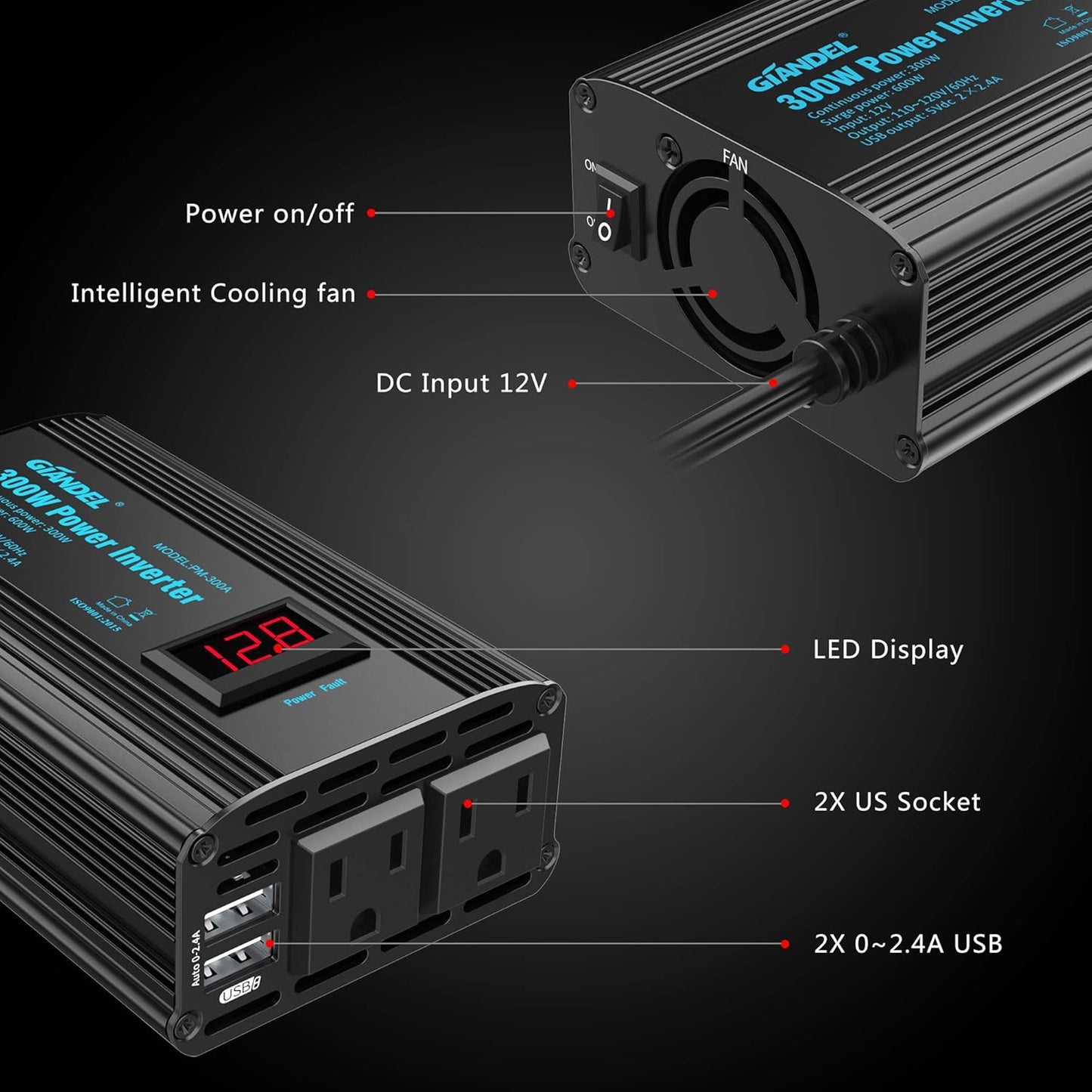 300W Power Inverter DC 12V to AC 120V Car Power Converter Adapter with 2x2.4A USB Ports and LED Display Dual AC Outlets【3YRS Warranty】 Black