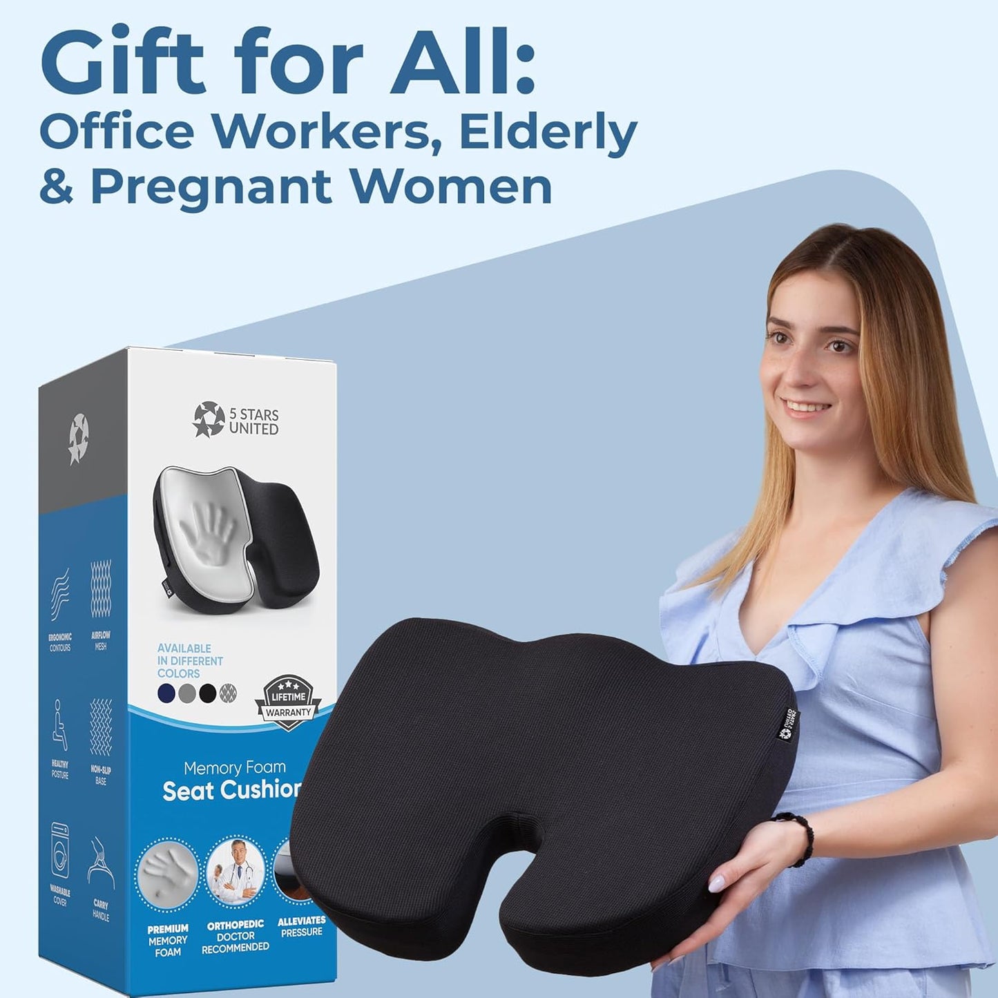 5 STARS UNITED Seat Cushion for Desk Chair - Tailbone, Coccyx Sciatica Pain Relief - Wheelchair Cushions, Black Mesh