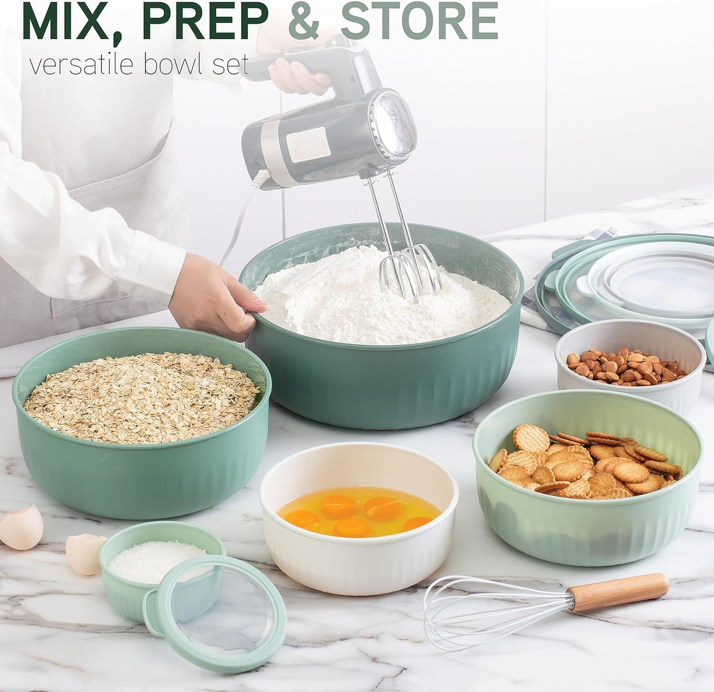 COOK WITH COLOR Prep Bowls with Lids- 8 Piece Nesting Plastic Small Mixing Bowl Set with Lids (Teal Ombre)