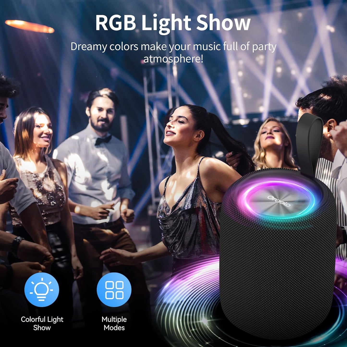 Oraolo Bluetooth Speaker, Portable Bluetooth Speakers with Immersive Audio, LED Lights, 8H Playtime, Bluetooth 5.4, Support TWS TF USB, IPX6 Waterproof Wireless Speakers for Outdoor Camping Home
