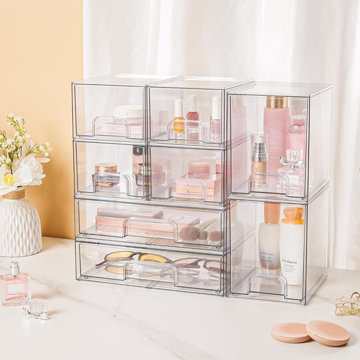 Vtopmart 3 Pack Stackable Clear Plastic Drawer Organizer, Makeup Organizers and Storage for Eyeshadow Palettes, Cosmetics, Beauty Supplies, Ideal for Vanity, Desk, Office, Bathroom Organization