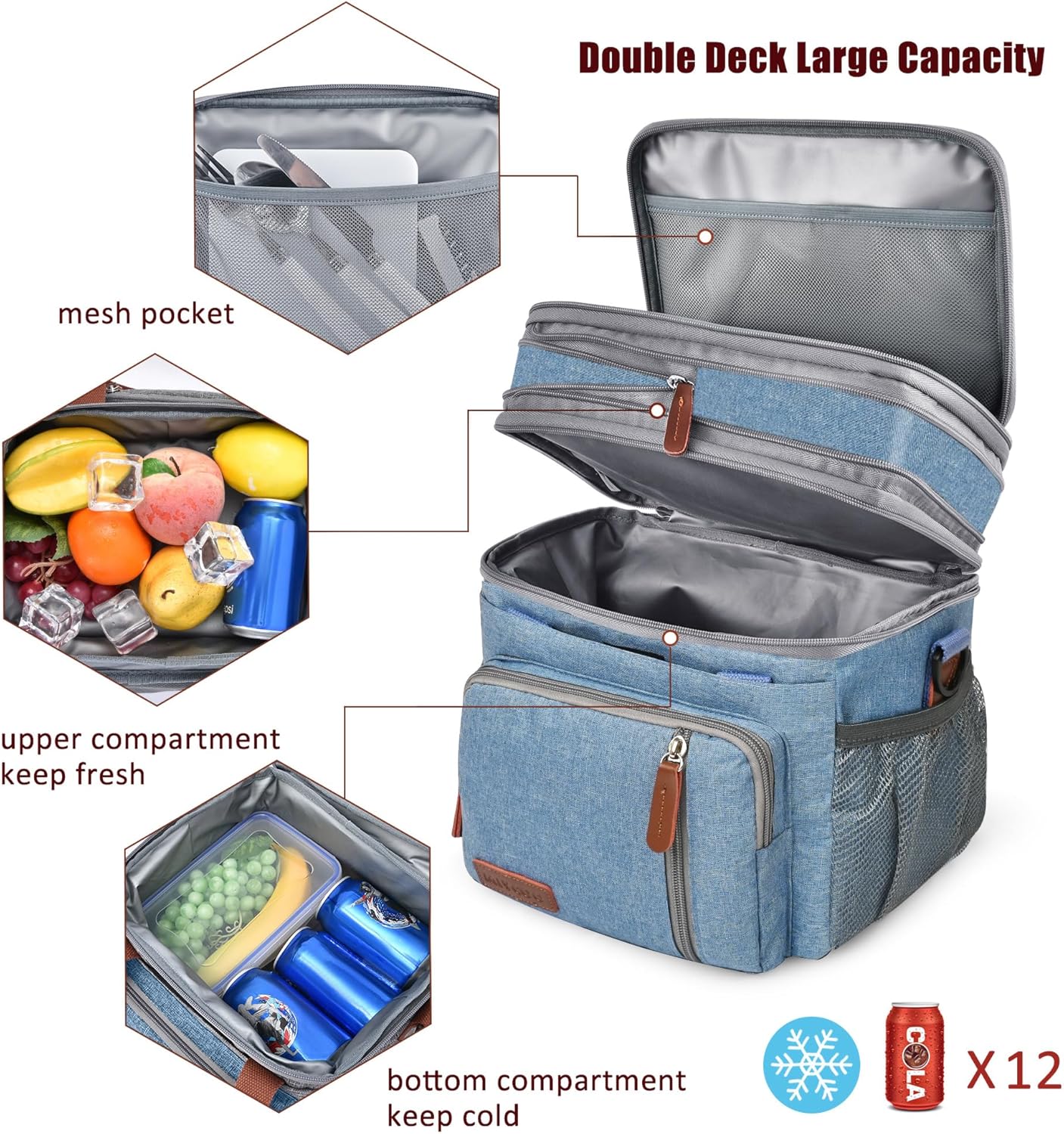 Lunch Bag for Women Men Double Deck Lunch Box - Leakproof Insulated Soft Large Lunch Cooler Bag, MIYCOO (Black,15L)