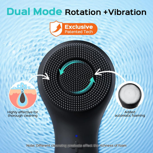 COSLUS Face Scrubber Facial Cleansing Brush: 2 in 1 Spin and Vibration Patented Tech, Silicone Electric Exfoliator Scrubber with Automatic Foaming, Waterproof Face Cleanser Brush for Men and Women - PuriLite
