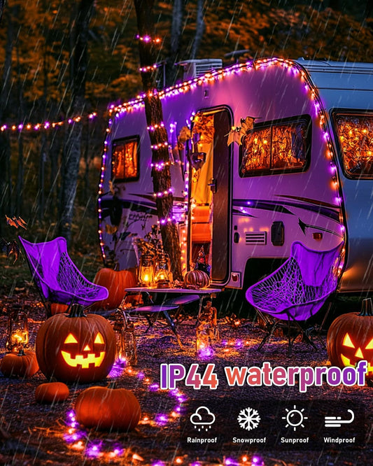 Solar Halloween Decoration Lights, JMEXSUSS 2 Pack 33FT 100 LED Orange and Purple Halloween String Lights, Halloween Lights with 8 Modes for Halloween Tree Yard Outdoor Spooky Party Garden Decorations