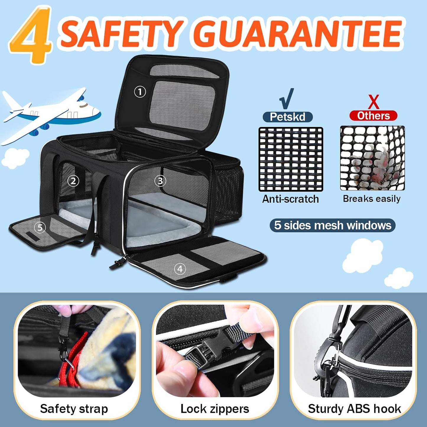 Petskd Top and Side Expandable Pet Carrier 17x12x8.5 Inches JetBlue Frontier Spirit Airline Approved, Soft-Sided Carrier for Small Cats and Dogs with Locking Safety Zipper and Anti-Scratch Mesh(Black)