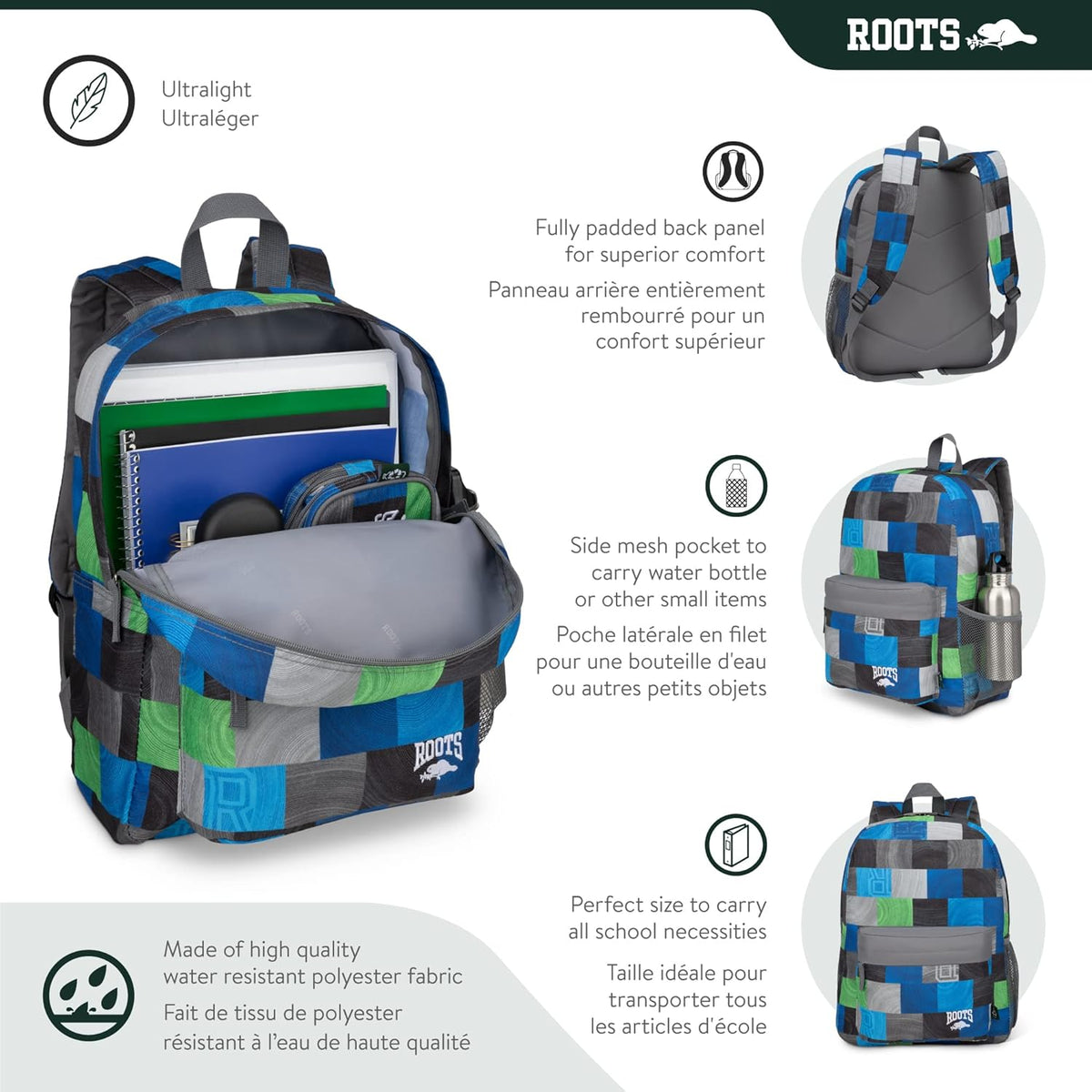 Roots Essential 3-in-1 Matching Water Resistant Kids Backpack and Lunch Bag Set with Bonus Pencil Case - Made From 100% Recycled Fabrics - 22.5 litres, Purple Pink Polka Dot - PuriLite