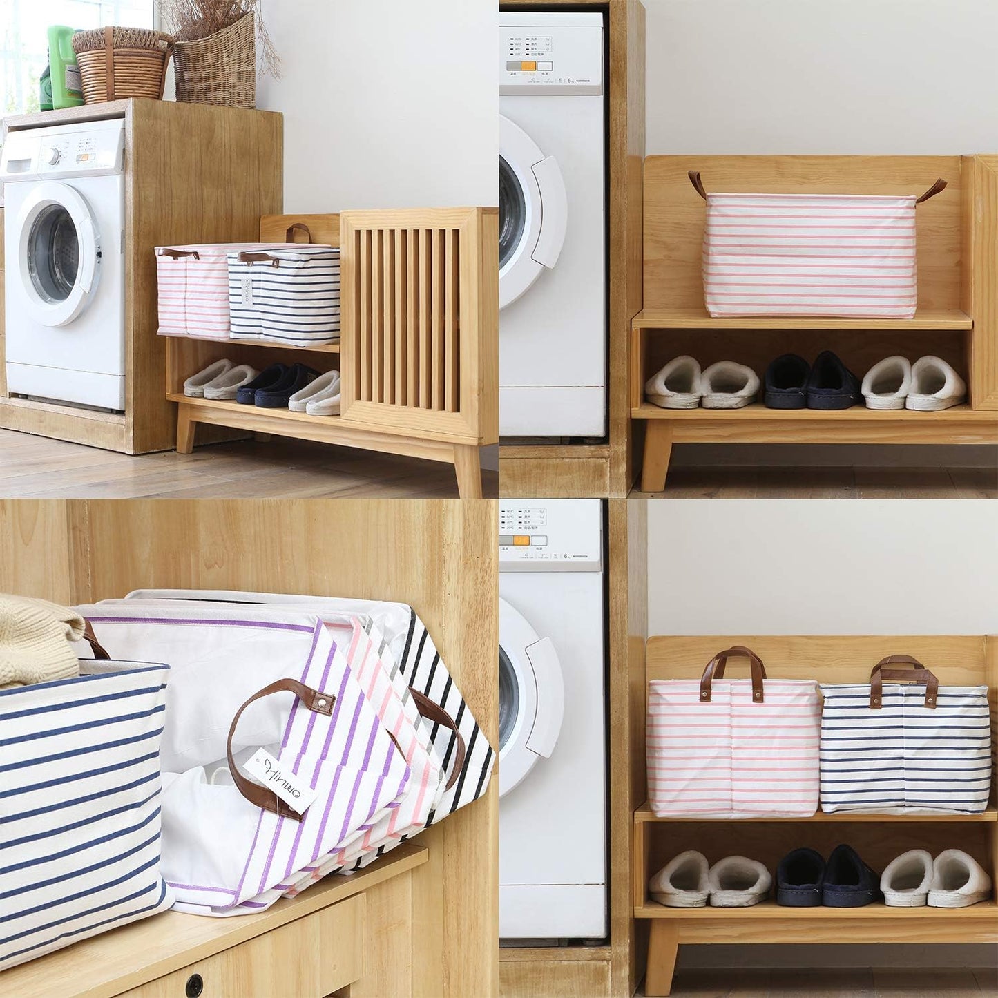 Hinwo 6-Pack Small Canvas Fabric Storage Baskets Set with Handles, Open Storage Bins, Cube Storage Organizer, Shelf Organizer Bins for Closet, 7.9L, 12 x 8 x 5 Inches, Grey Stripe