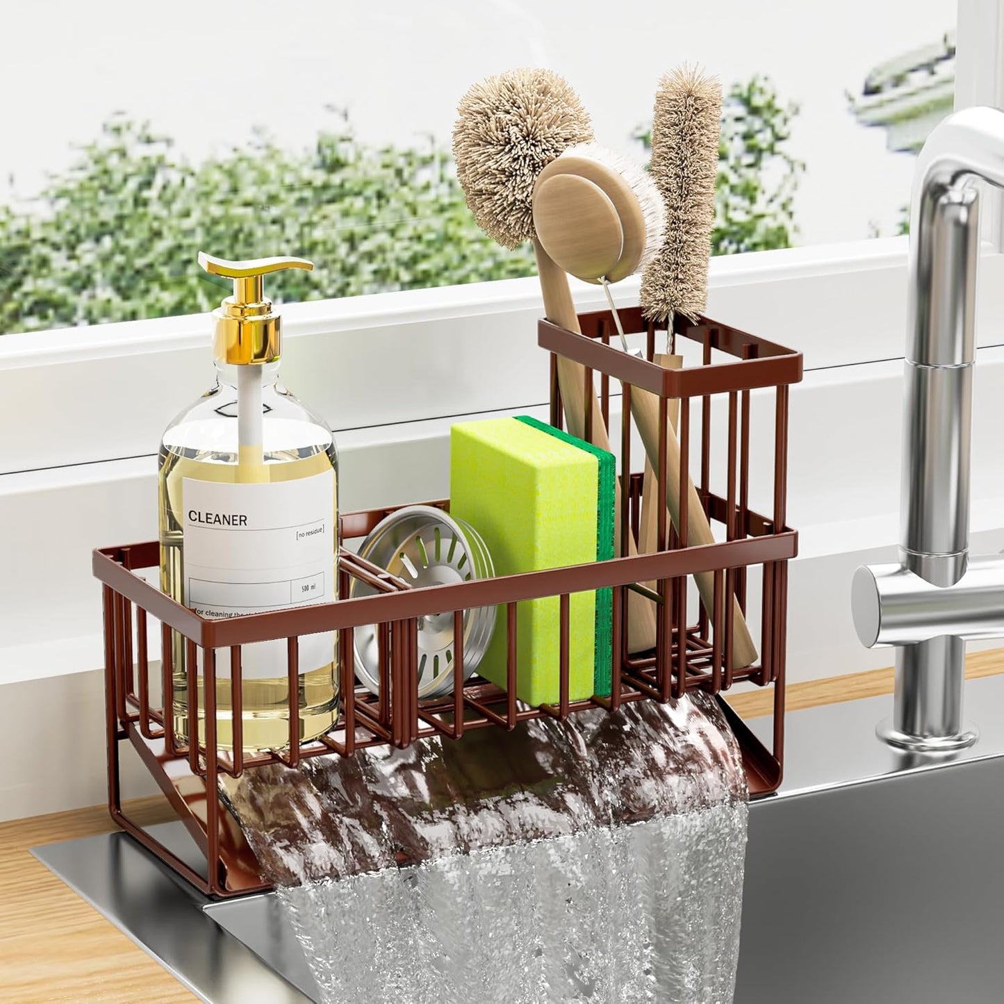 Cisily Kitchen Sink Caddy Organzier with High Brush Holder, Sponge Holder for Sink, 304 Rustproof Stainless, Kitchen Countertop Soap Dispenser Organizer, Kitchen Decor and Accessories (Black)