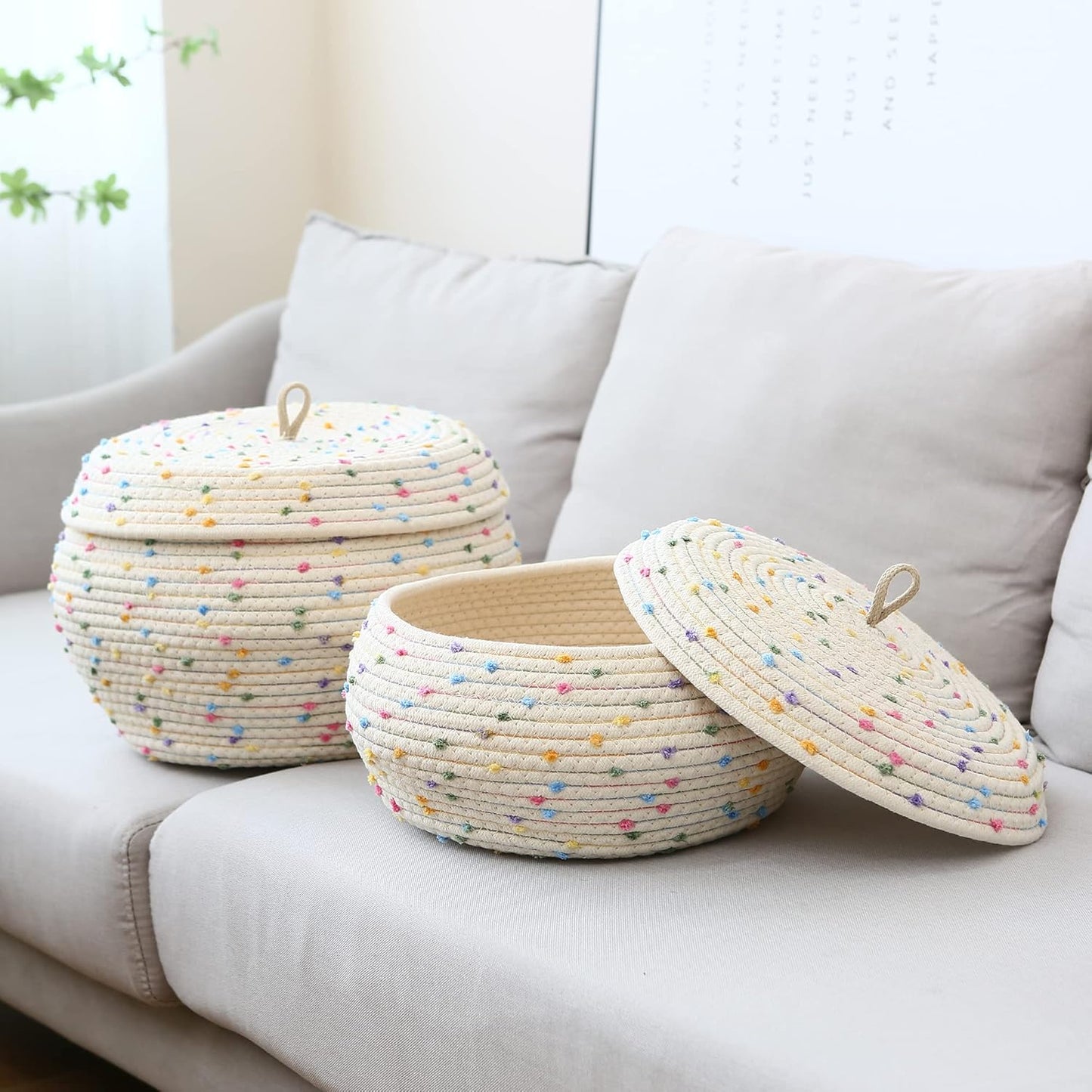 Sea Team Round Cotton Rope Storage Basket with Lid, Decorative Woven Storage Bin, Pot, Caddy, Organizer, Container for Snacks, Towels, Plants (Grey, Small)