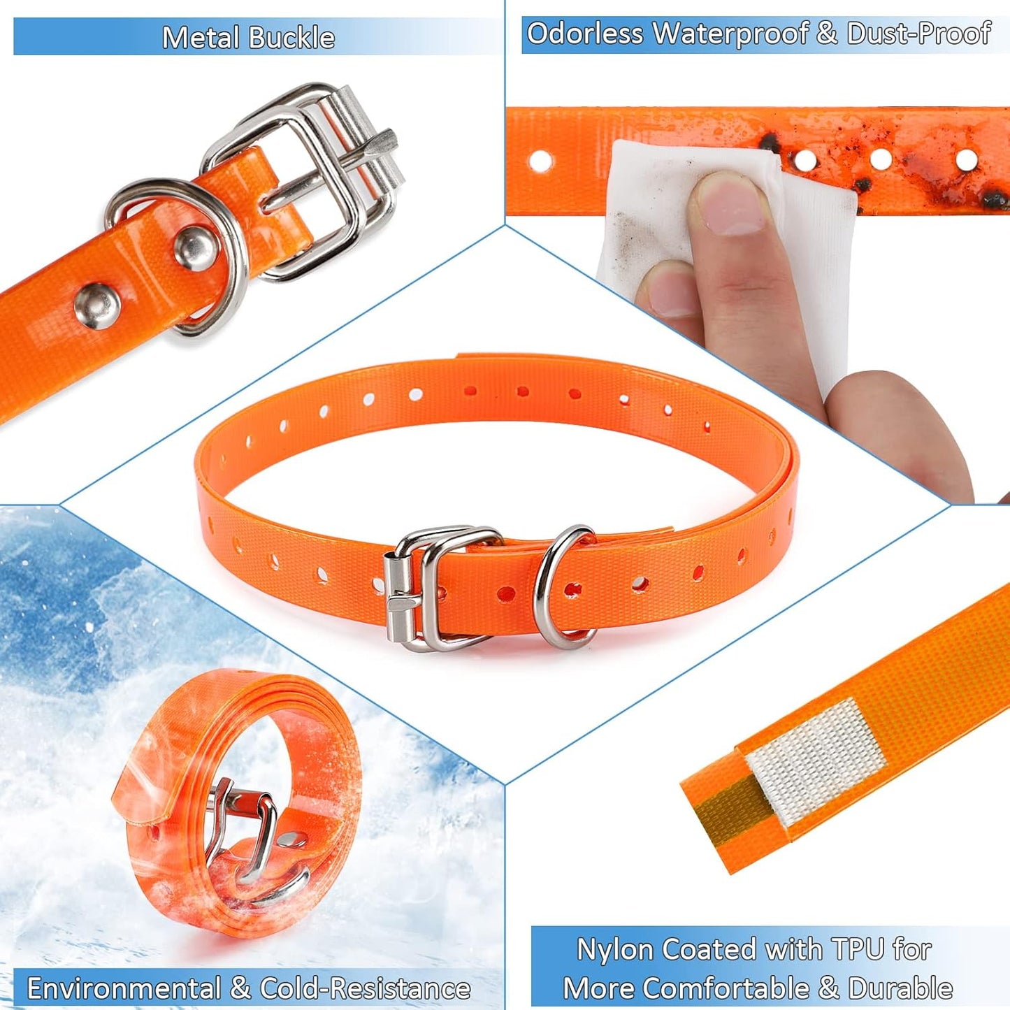 LuckinPET Waterproof Dog Collar Replacement Strap for Shock Collar and Fence Easy Clean Odorless Dog Collar Metal Buckle 3/4 Inch Adjustable Size Durable Anti-Odor TPU Dog Collar Orange Pack of 2