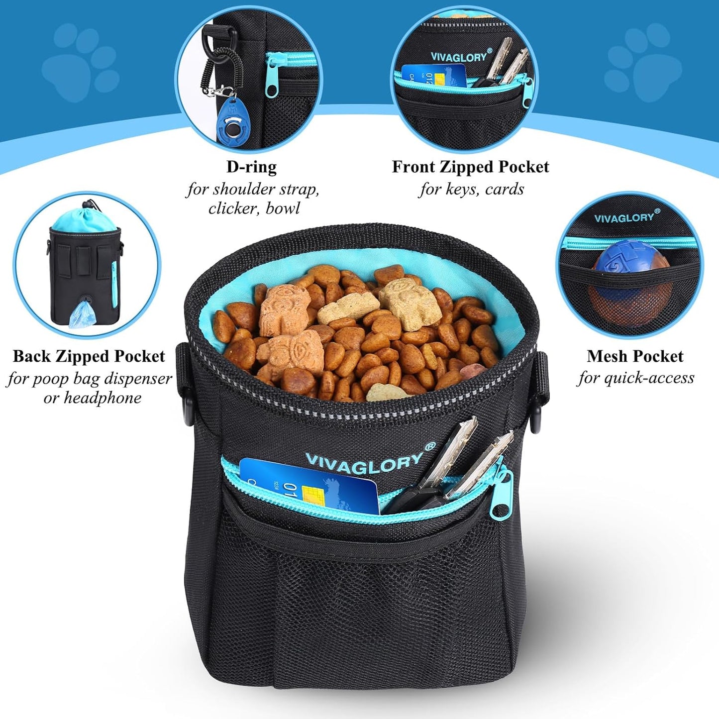 VIVAGLORY Dog Training Treat Pouch, 4Ways to Wear Dog Treat Bags, Built in Dog Waste Bag Dispenser Treats Training Bags with Reflective Adjustable Shoulder Strap, Heather Black