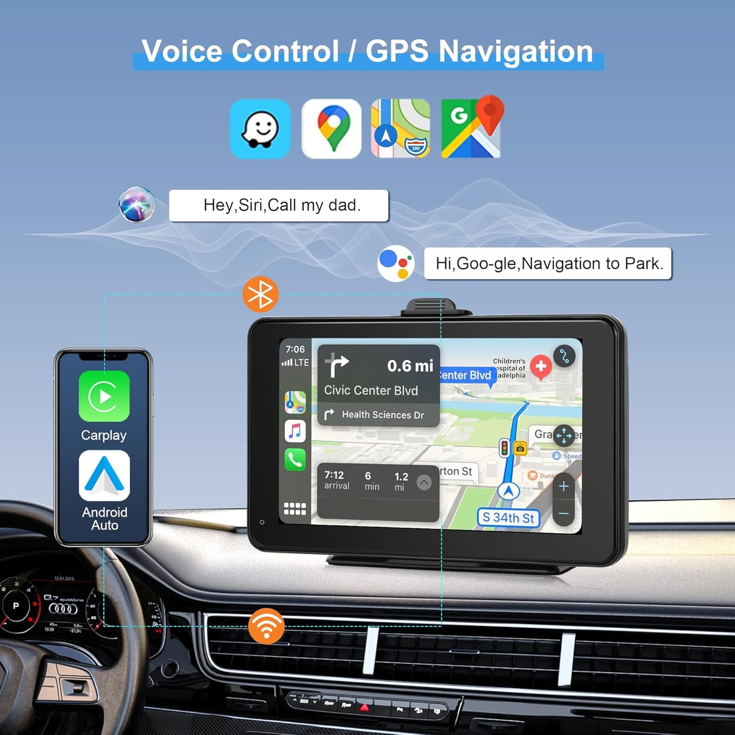 Portable Carplay Screen for Car with Wireless Carplay Android Auto Car Radio, Rimoody 7'' HD Touch Screen Head Unit with Mirror Link, GPS Navigation, Dual Bluetooth, AUX/FM Transmitter, Voice Control