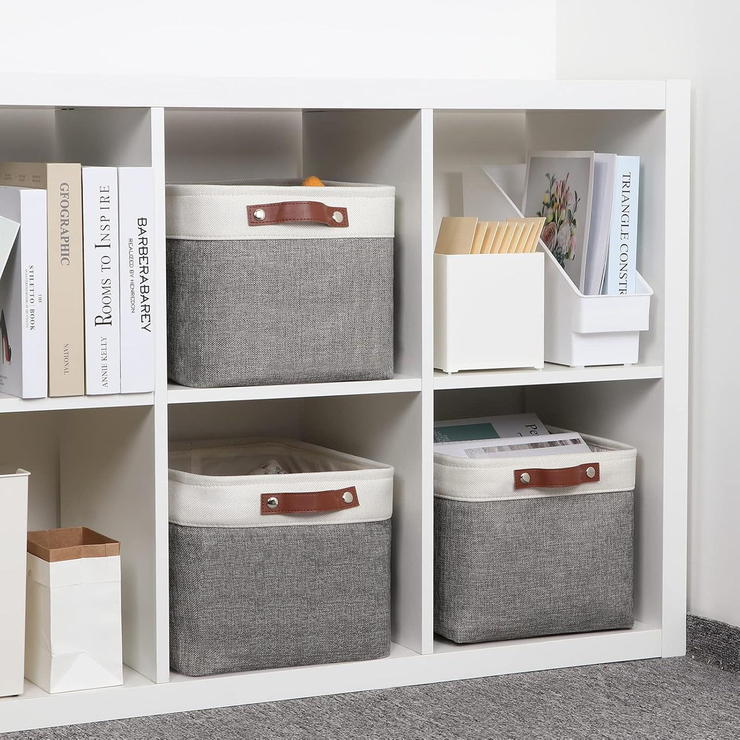 DULLEMELO Storage Baskets for Shelves, Fabric Collapsible Rectangular Storage Bins for Shelves, Closets, Nursery, Home, Office, Empty Gift Baskets (White&Teal)