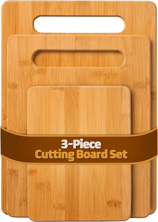 Bamboo Cutting Board Set - 3 Piece Wooden Cutting Board, 3 Assorted Sizes of Bamboo Wood Cutting Boards for Kitchen - Chopping Board for Food Prep, Chopping, Carving Meat, Fruits, Vegetables