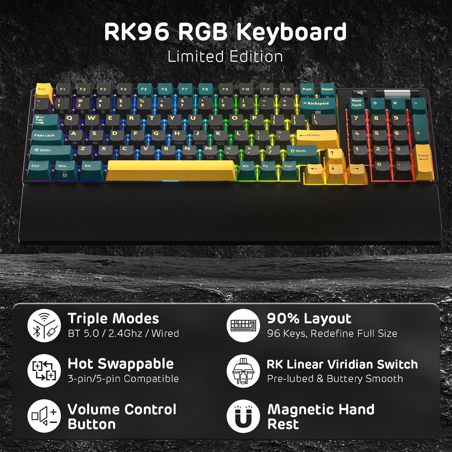 RK ROYAL KLUDGE RK96 RGB Limited Ed, 90% 96 Keys Wireless Triple Mode BT5.0/2.4G/USB-C Hot Swappable Mechanical Keyboard w/Wrist Rest, Software Support, Linear Viridian Switches, MARRS Green