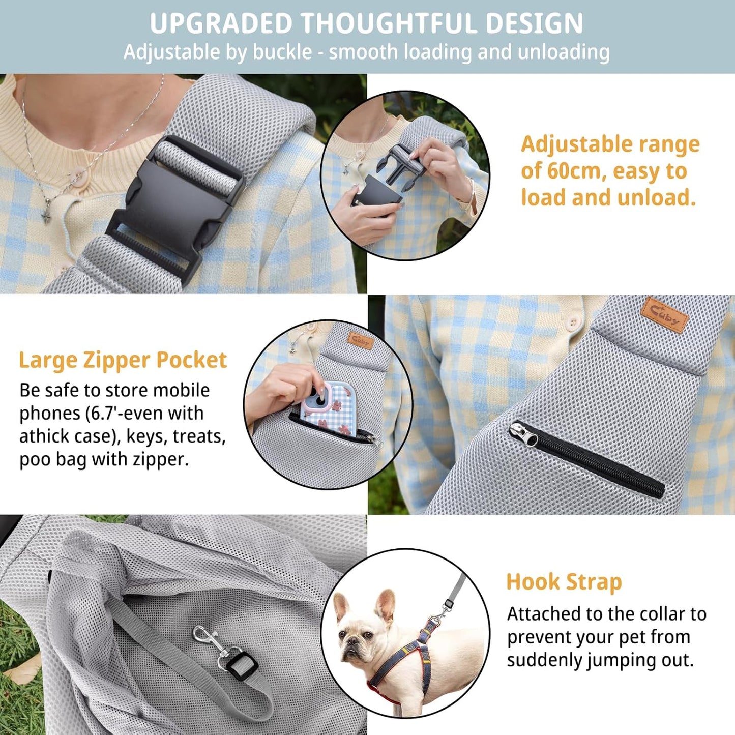 Cuby Adjustable Dog Cat Sling Padded Hard Bottom Pet Carrier Sling Soft Carrying Puppy Bag for Small Dogs Cats Outdoor Travel (Grayish-White)