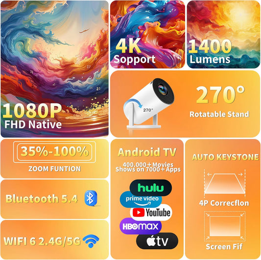 Mini Projector, Support 4K 1080P Portable Projector with Dual Band WiFi6 5G and Bluetooth 5.4, 270° Rotatable, Auto Keystone Correction, 35"-100" Video Projecto Compatible with HDMI/USB/Phone - White - PuriLite