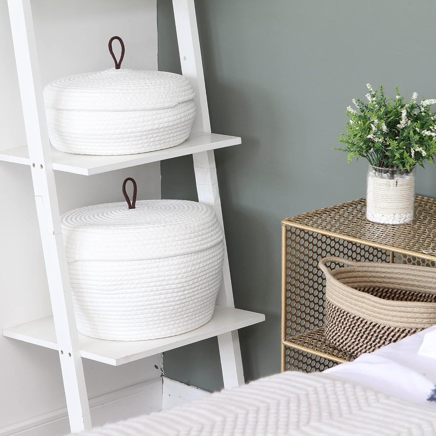 Sea Team Round Cotton Rope Storage Basket with Lid, Decorative Woven Storage Bin, Pot, Caddy, Organizer, Container for Snacks, Towels, Plants (Grey, Small)