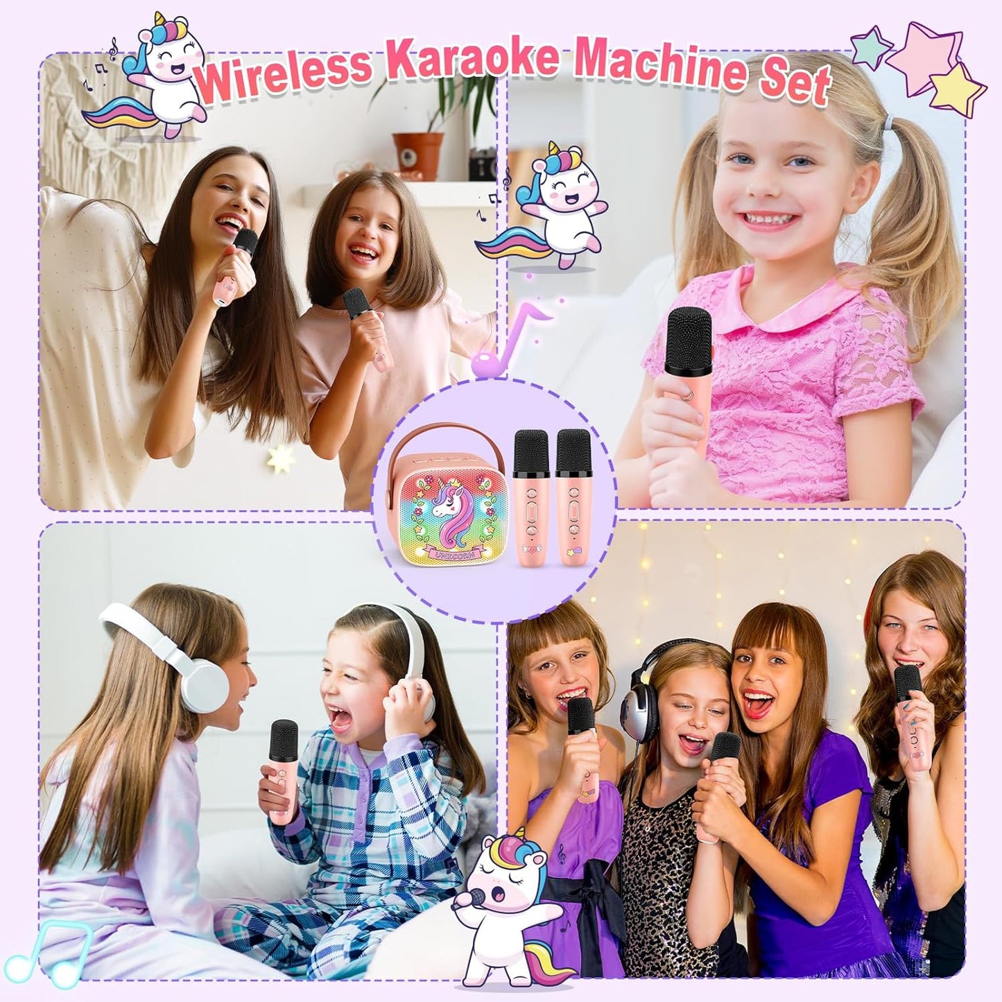 Mini Karaoke Machine for Kids, Exssary 3 4 5 6 7 8-12 Year Old Girl Gifts Portable Bluetooth Speaker with 2 Wireless Microphone Unicorn Toys Birthday Gifts for Girls Kids Teens (Pink)