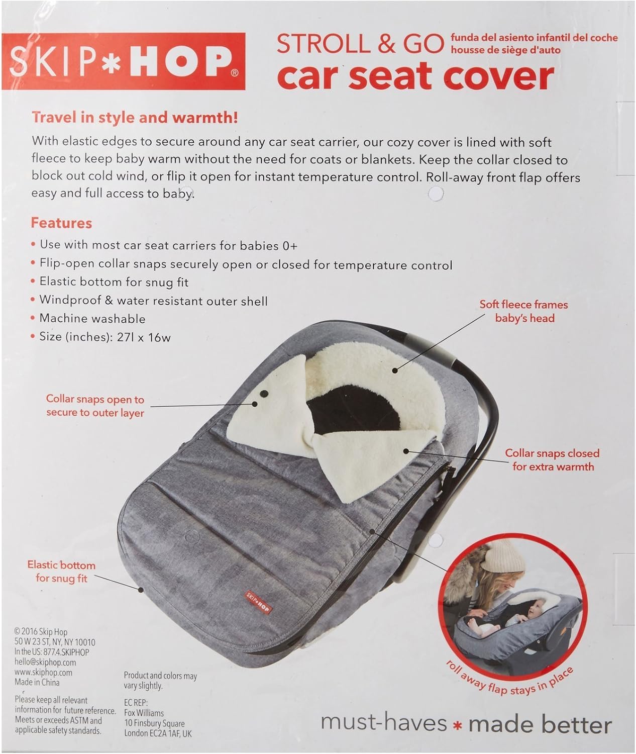 Skip Hop Winter Car Seat Cover – Stroll & Go, Black | Universal Fit Infant Car Seat Cover for Cold Weather, Windproof & Cozy Fleece Baby Carrier Cover, Zip-Off Front Flap, Warm Travel Accessory