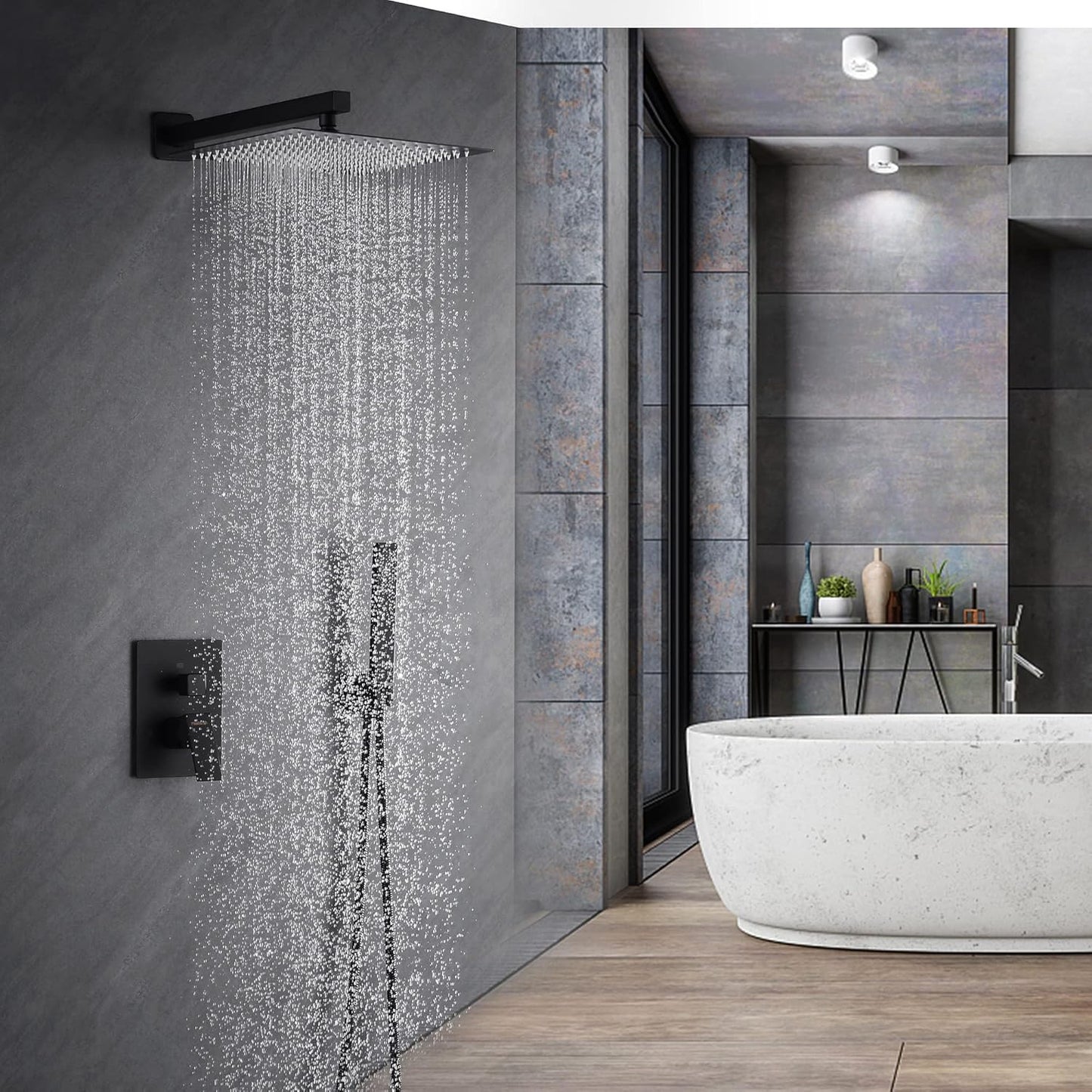 Fransiton Shower System Rain Shower System Set Ceiling Mounted, Rainfall Shower Head with Handheld, Bathroom Shower Kit (Valve Included) (8" - Wall Mount, Matte Black)