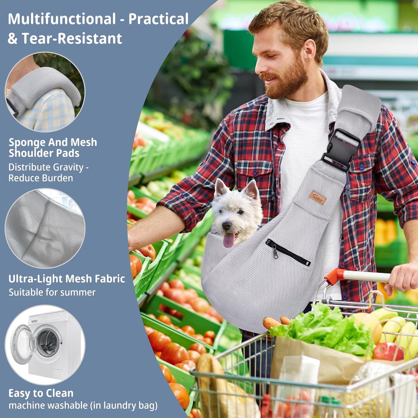 Cuby Adjustable Dog Cat Sling Padded Hard Bottom Pet Carrier Sling Soft Carrying Puppy Bag for Small Dogs Cats Outdoor Travel (Grayish-White)