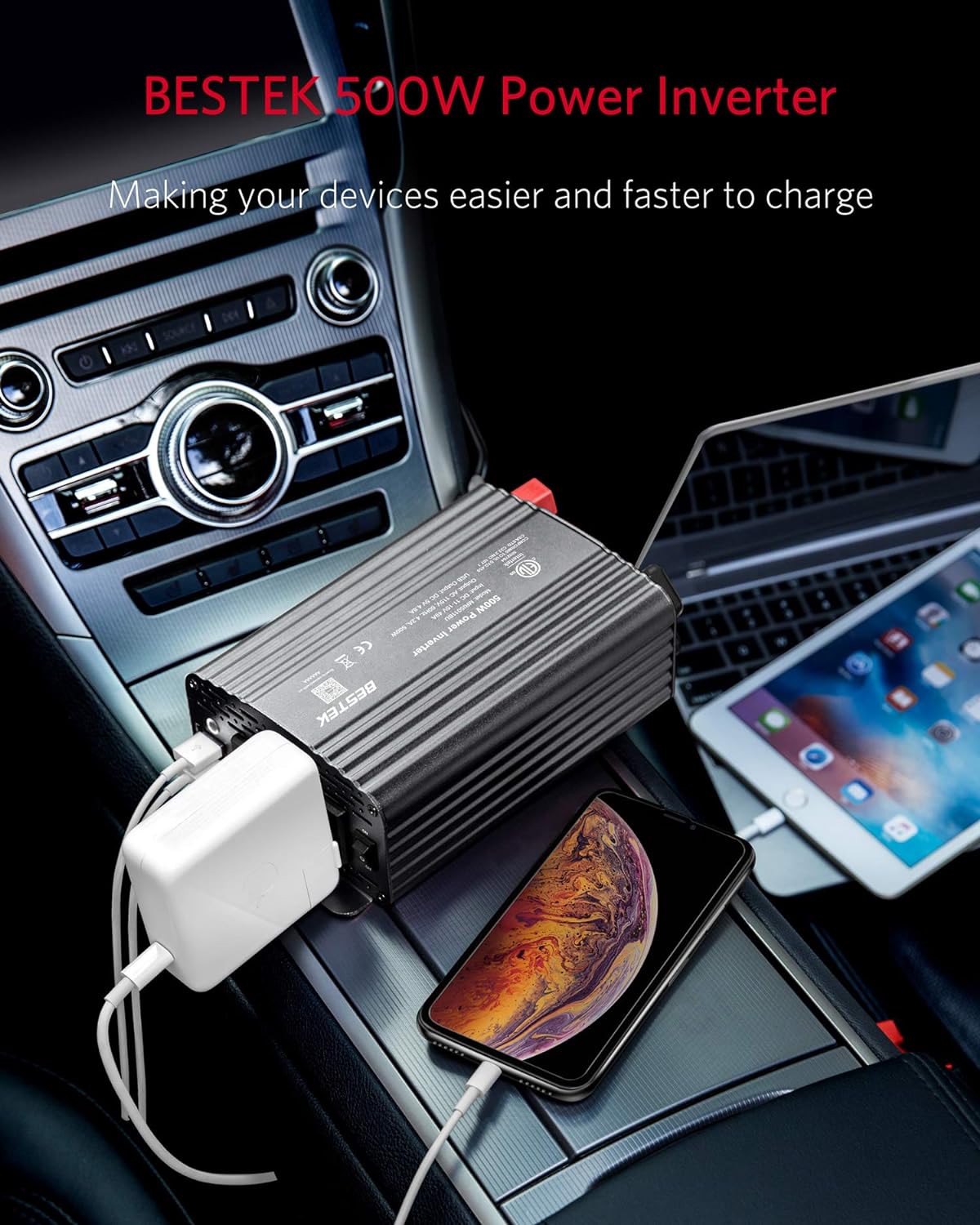 BESTEK 500W Power Inverter DC 12V to 110V AC Converter with Alligator Battery Clamp 4.8A Dual USB Car Charger ETL Listed