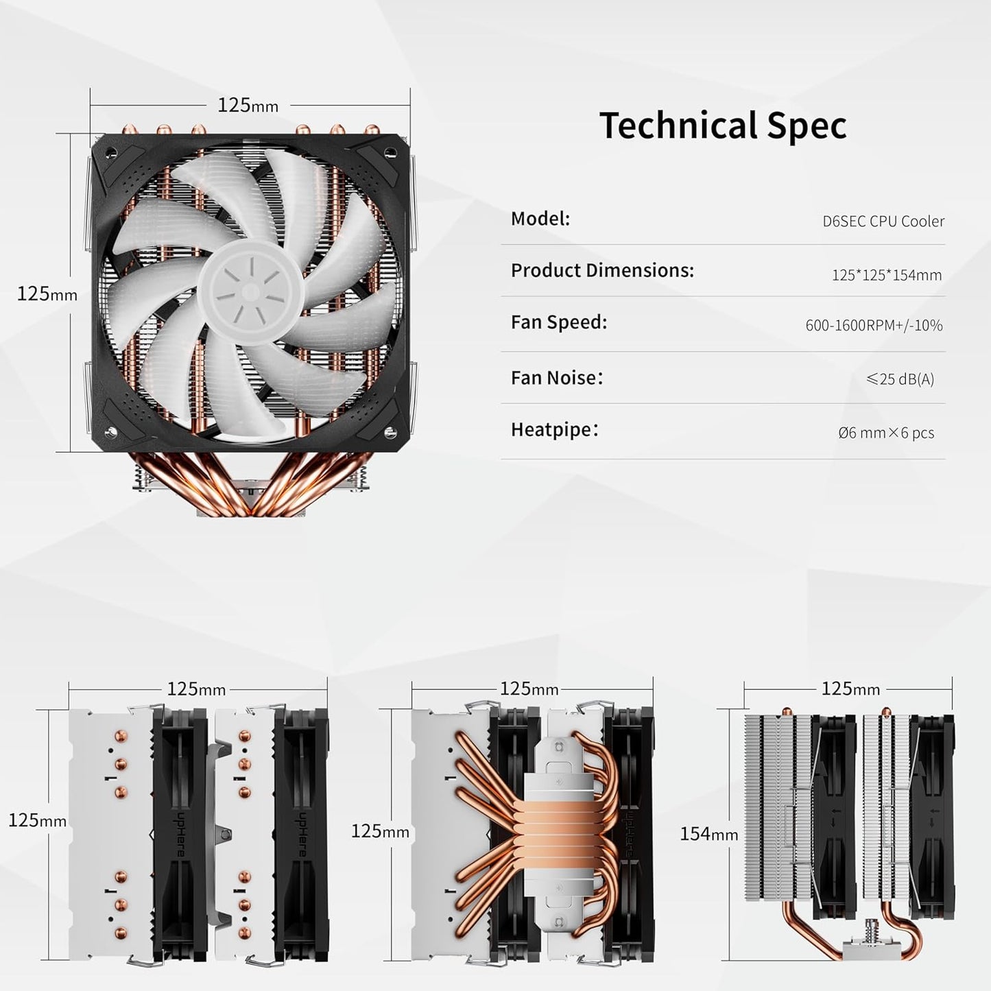 upHere D6SEC CPU Cooler, Intel LGA2011,LGA2066, LGA1700,AMD AM5/AM4/Ryzen 120mm,Dual Towers,5V ARGB