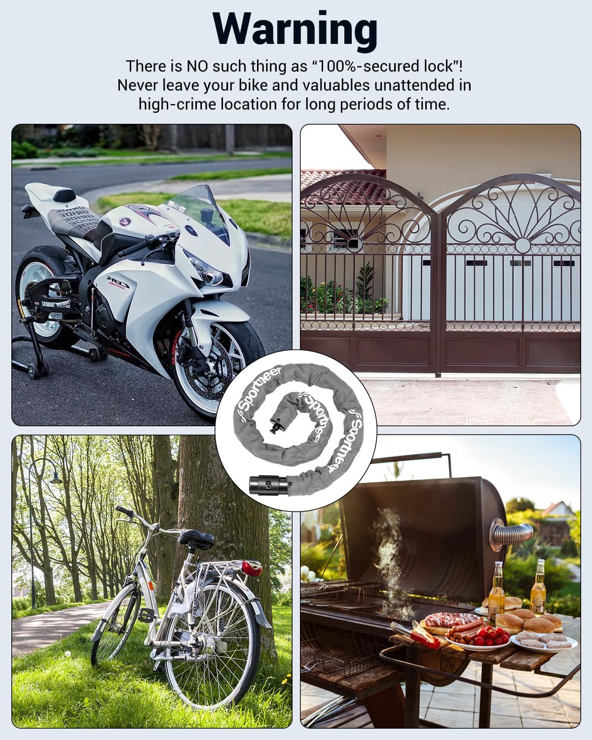 Sportneer Bike Lock Anti-Theft Bicycle Chain Lock Heavy Duty 0.32inch/8mm Thicker Motocycle Lock High Security with 2 Keys for Bike, Scooter, Moto, Door, Gate Fence