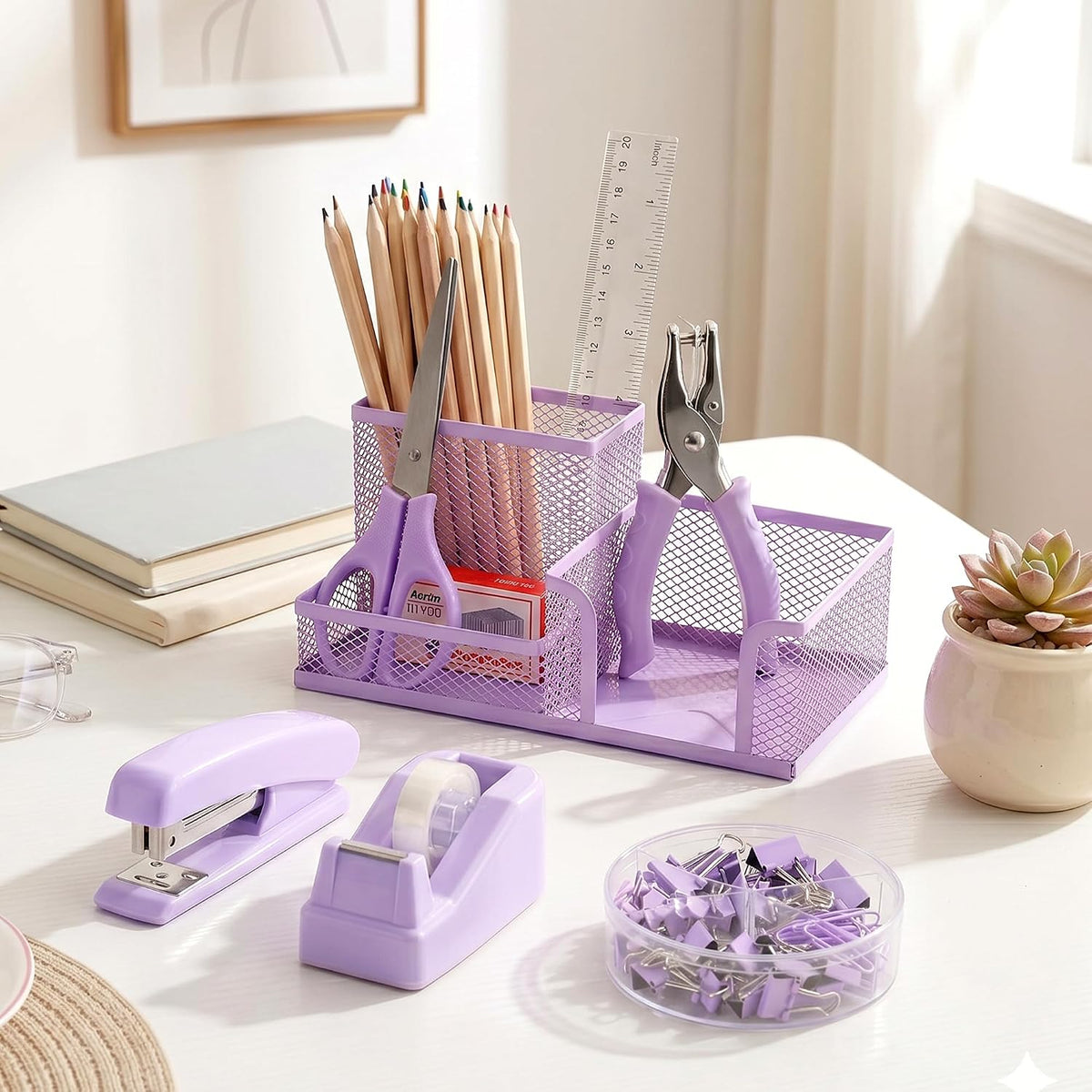 Purple Office Desk Accessories, 9 Pcs Desk Organizers and Accessories with Mesh Pen Holder, Stapler, Tape Dispenser, Hole Punch, Office Supplies Set for Office Home School Women Students Gift